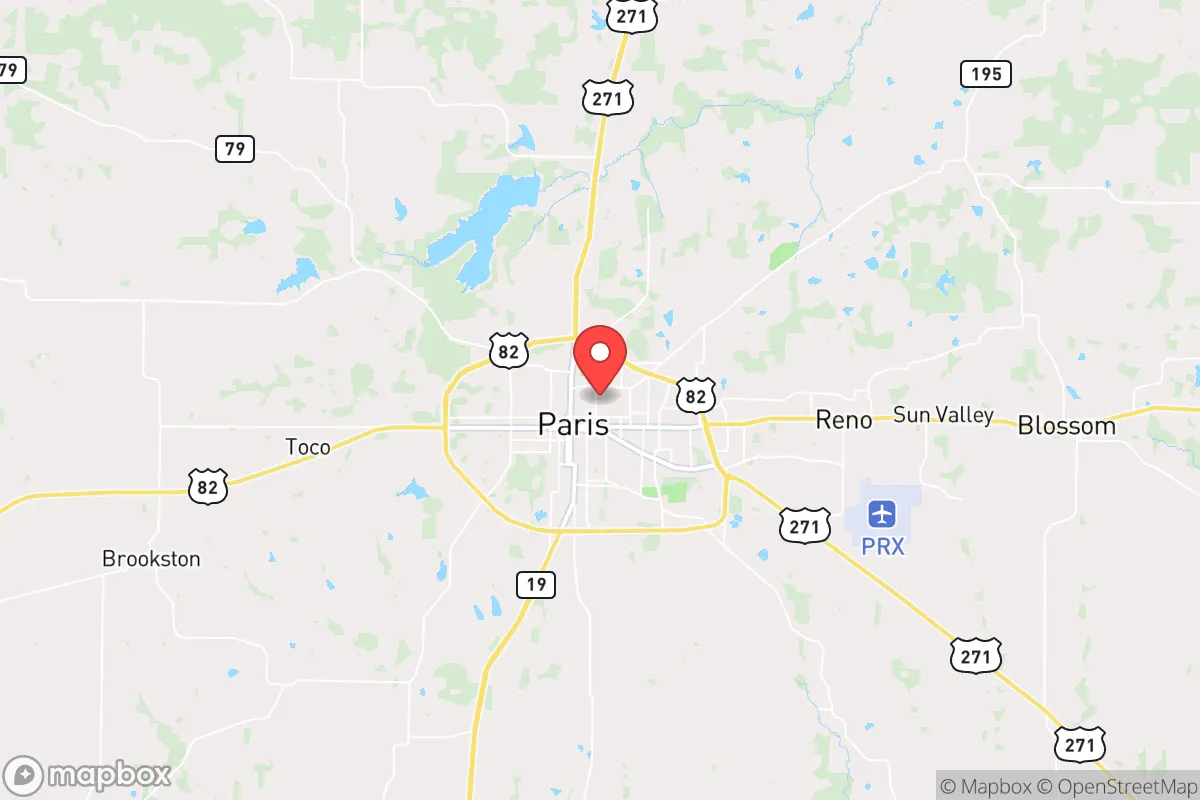 Map centered at 33.6687, -95.5461