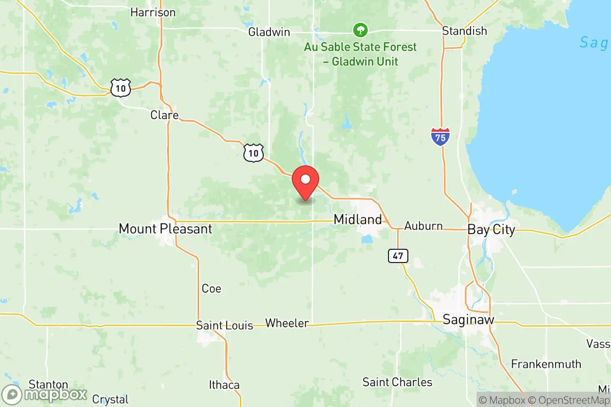 Map centered at 43.6468, -84.3881