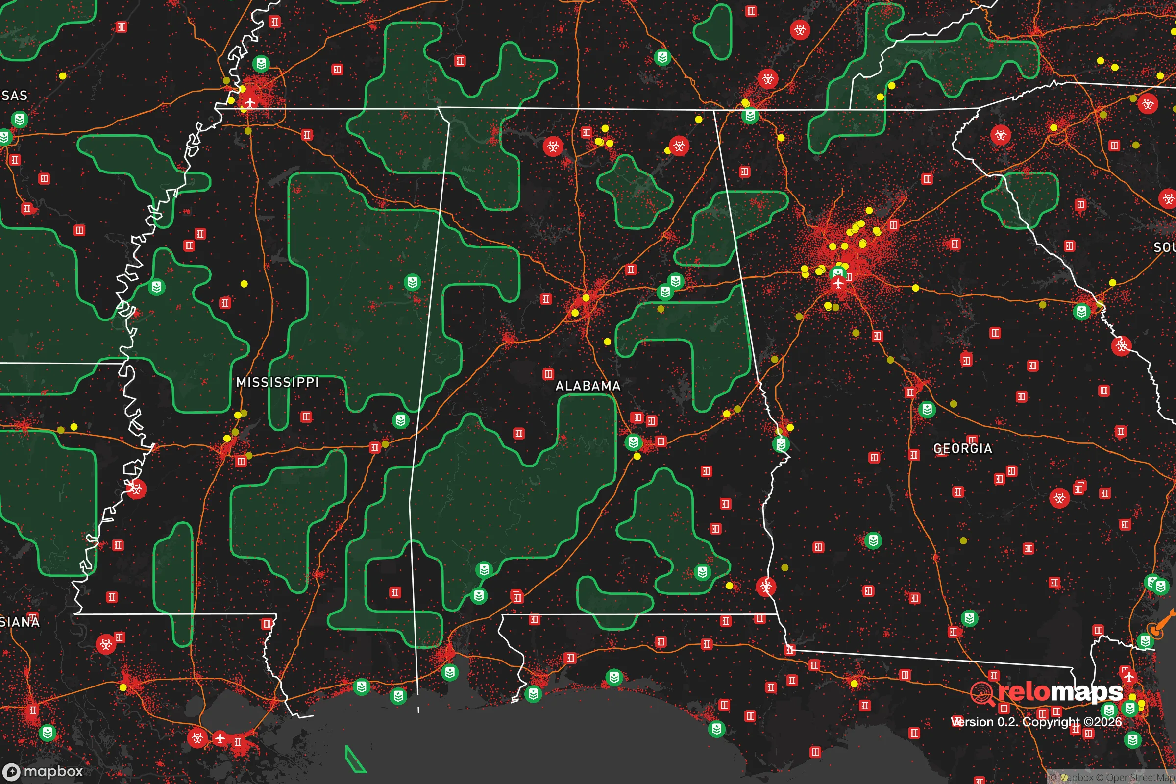 Safe Spaces map for the Alabama showing strategic features around Alabama — military bases, dangers, federal highways, population centers, and computed safe areas.