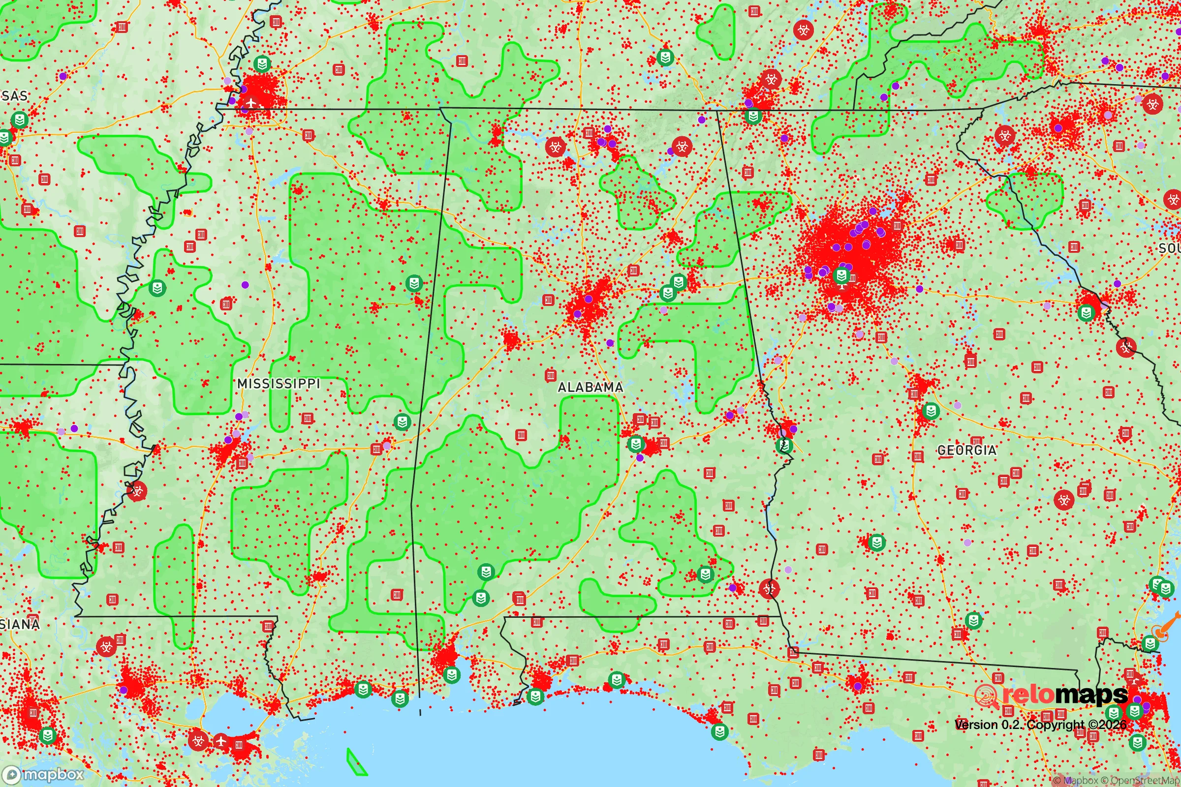 Safe Spaces map for the Alabama showing strategic features around Alabama — military bases, dangers, federal highways, population centers, and computed safe areas.