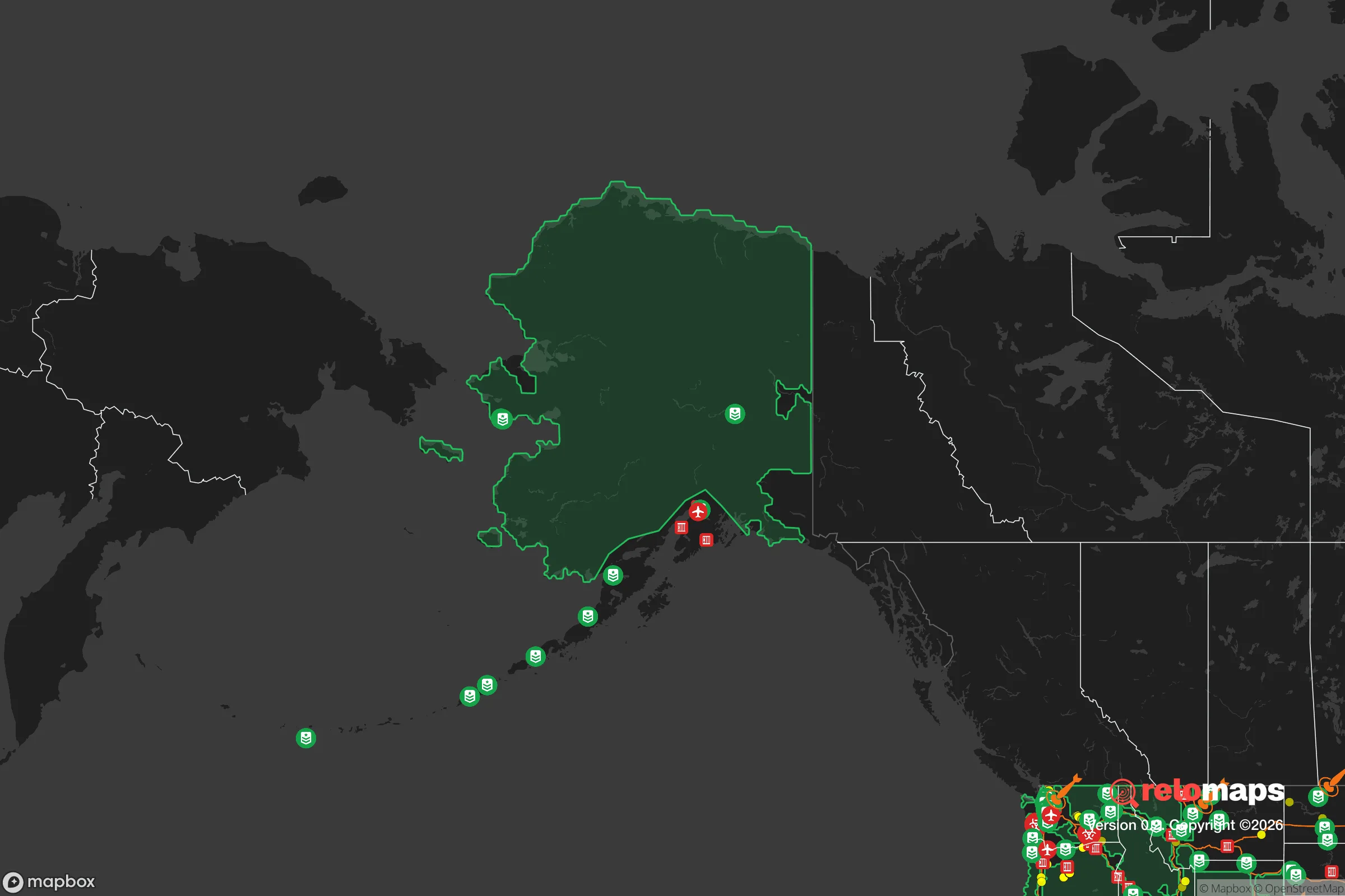 Safe Spaces map for the Alaska showing strategic features around Alaska — military bases, dangers, federal highways, population centers, and computed safe areas.