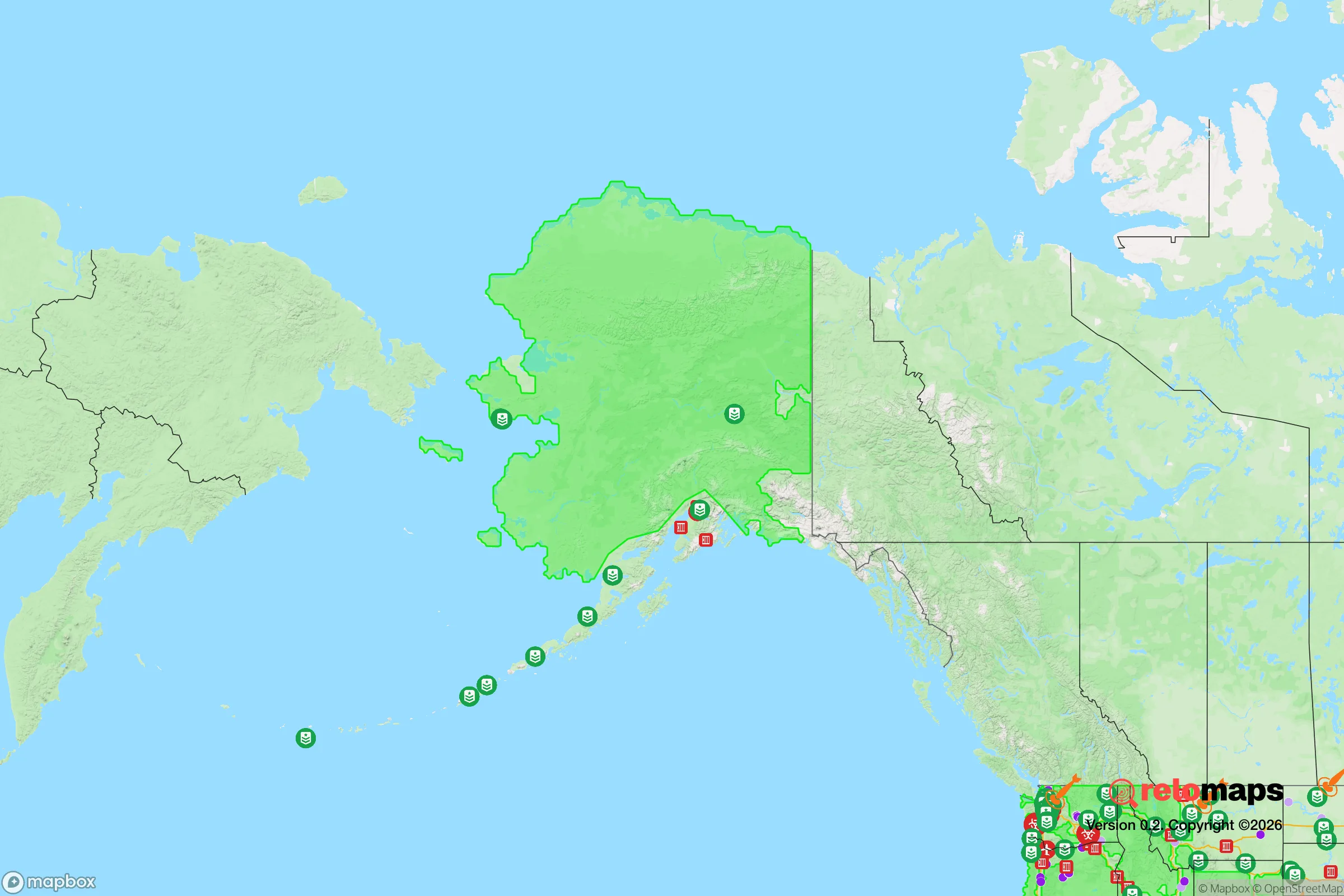 Safe Spaces map for the Alaska showing strategic features around Alaska — military bases, dangers, federal highways, population centers, and computed safe areas.