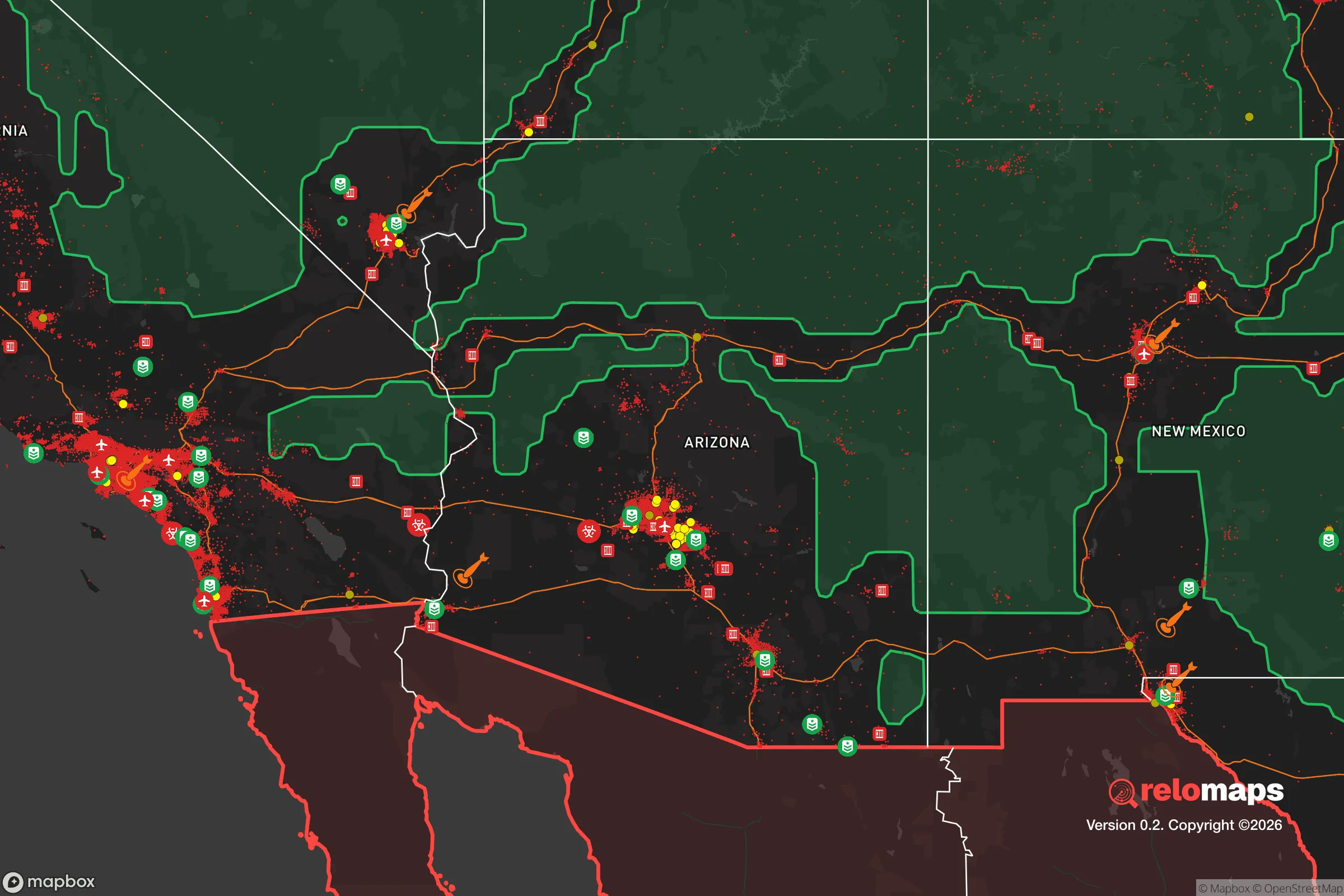 Safe Spaces map for the Arizona showing strategic features around Arizona — military bases, dangers, federal highways, population centers, and computed safe areas.