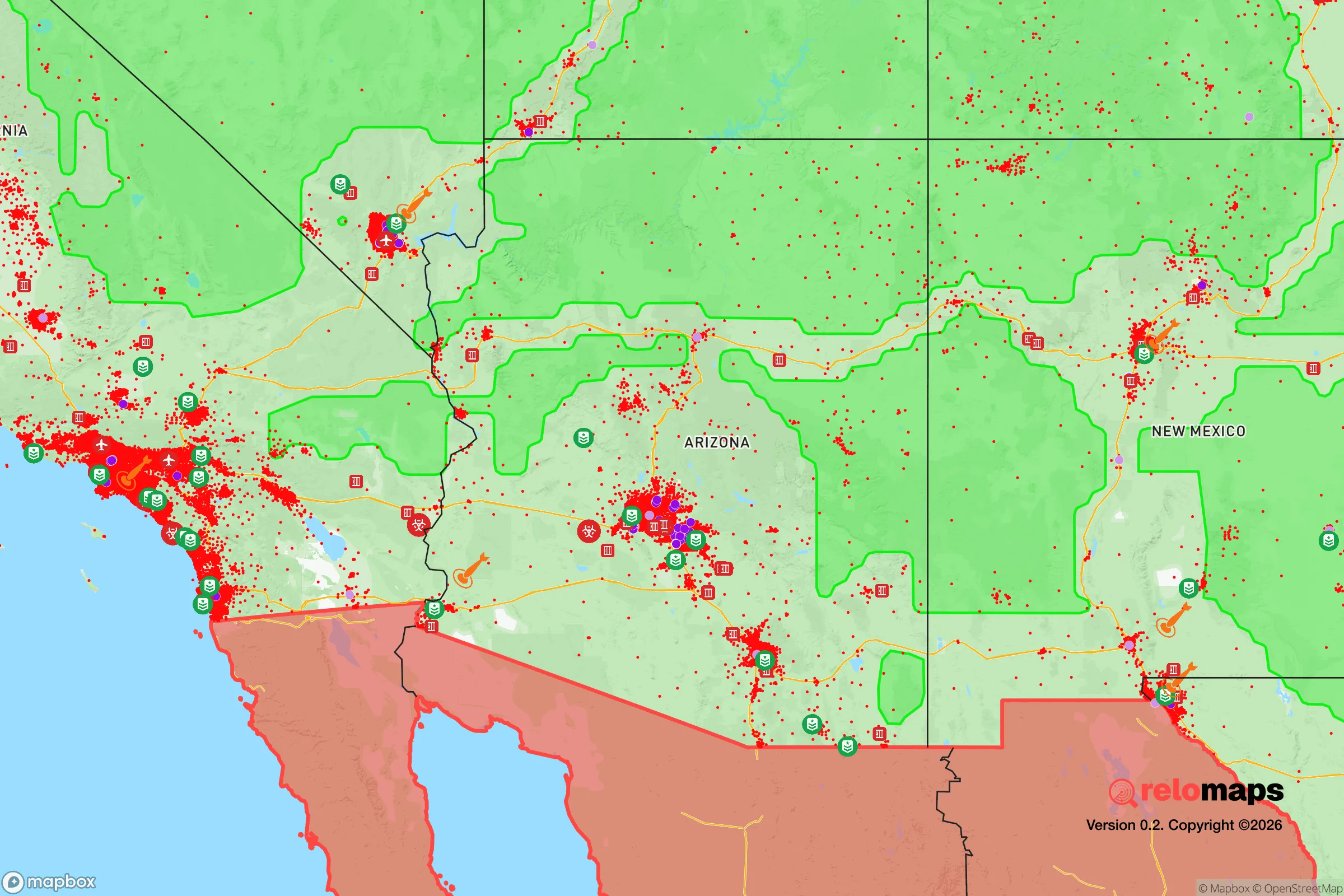 Safe Spaces map for the Arizona showing strategic features around Arizona — military bases, dangers, federal highways, population centers, and computed safe areas.