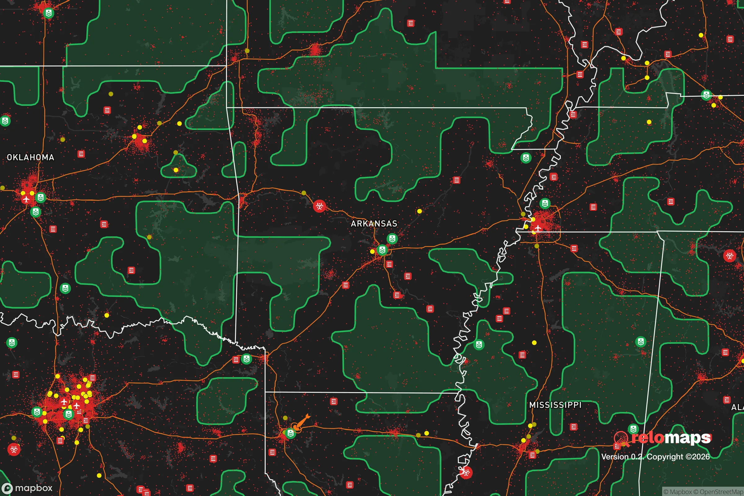 Safe Spaces map for the Arkansas showing strategic features around Arkansas — military bases, dangers, federal highways, population centers, and computed safe areas.