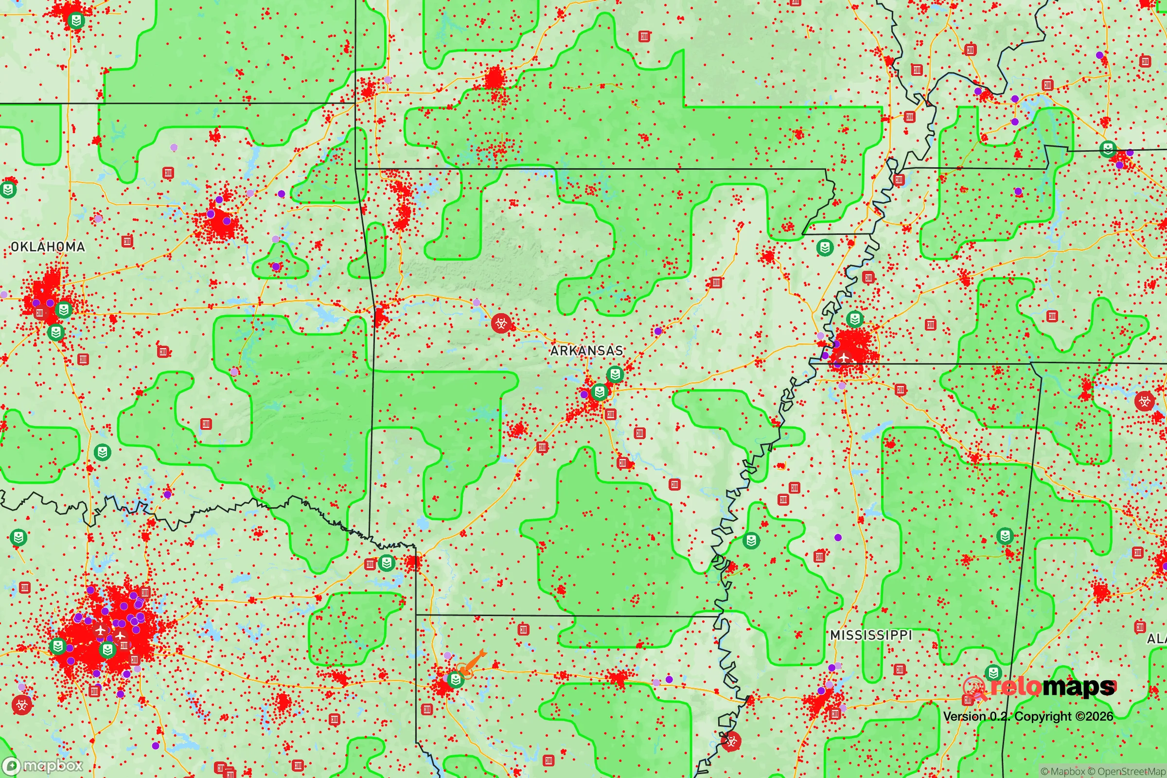 Safe Spaces map for the Arkansas showing strategic features around Arkansas — military bases, dangers, federal highways, population centers, and computed safe areas.
