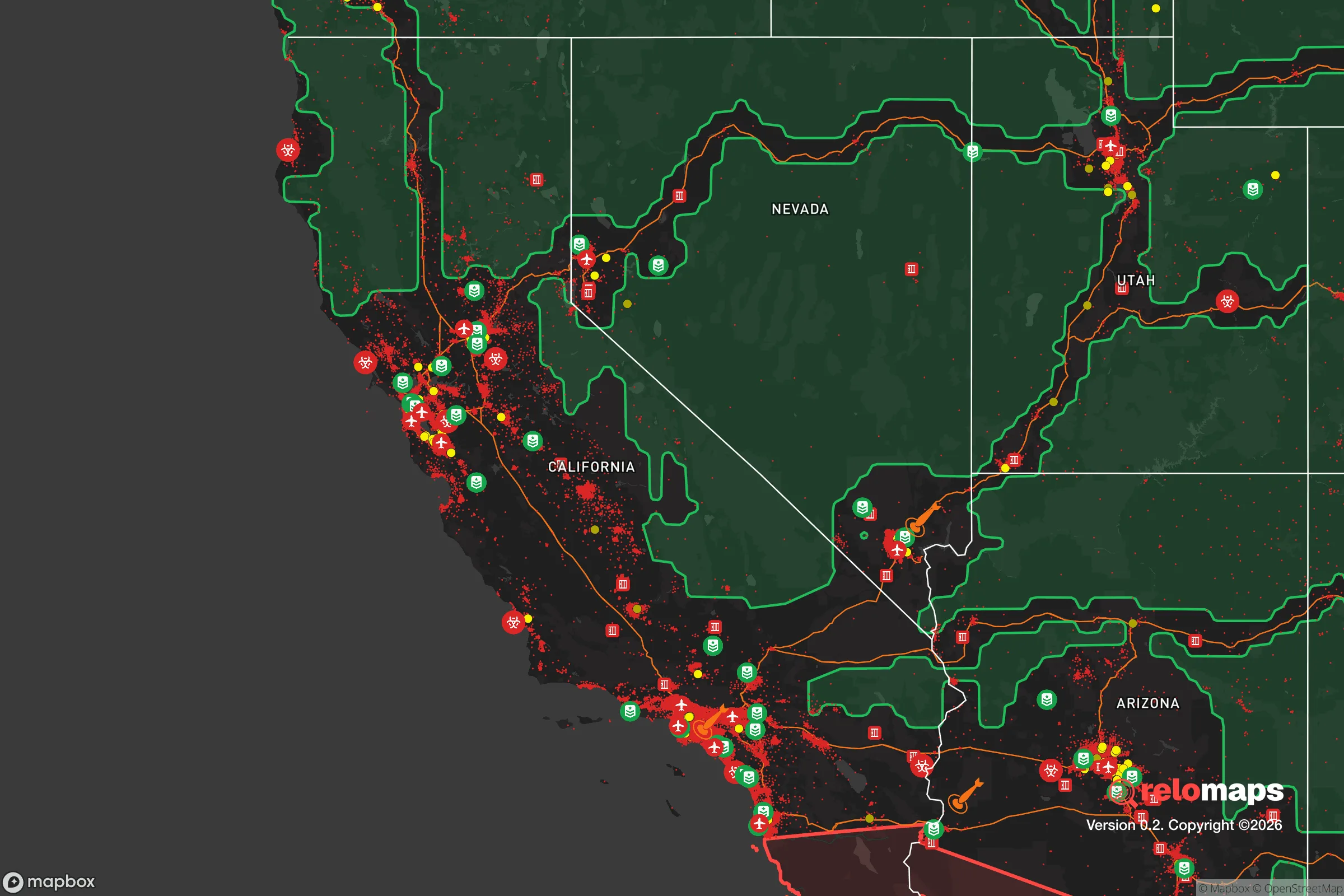 Safe Spaces map for the California showing strategic features around California — military bases, dangers, federal highways, population centers, and computed safe areas.