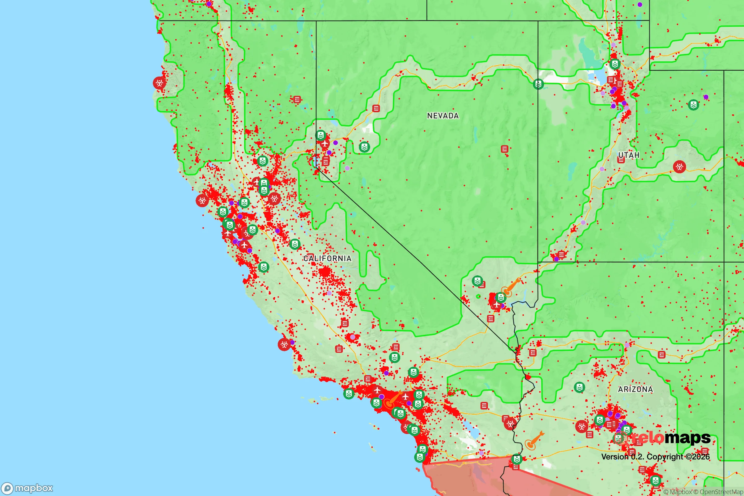 Safe Spaces map for the California showing strategic features around California — military bases, dangers, federal highways, population centers, and computed safe areas.