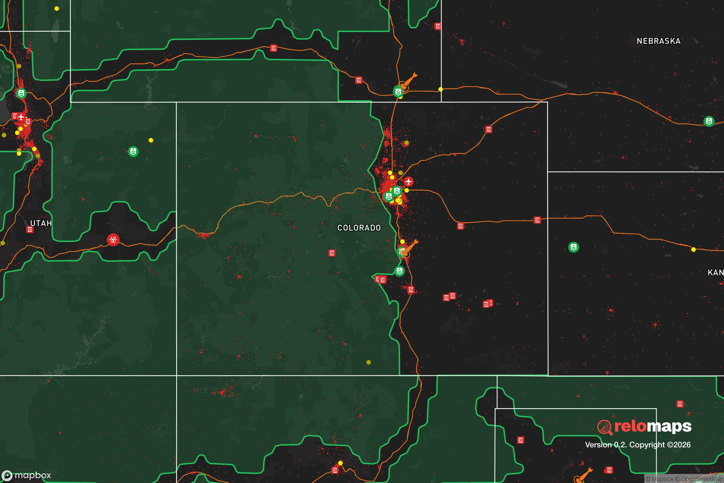 Safe Spaces map for the Colorado showing strategic features around Colorado — military bases, dangers, federal highways, population centers, and computed safe areas.