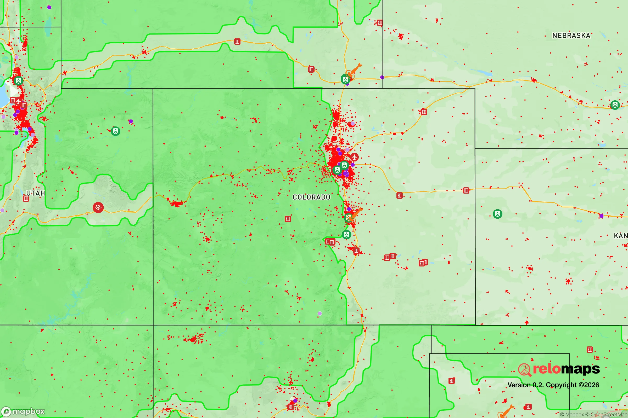 Safe Spaces map for the Colorado showing strategic features around Colorado — military bases, dangers, federal highways, population centers, and computed safe areas.