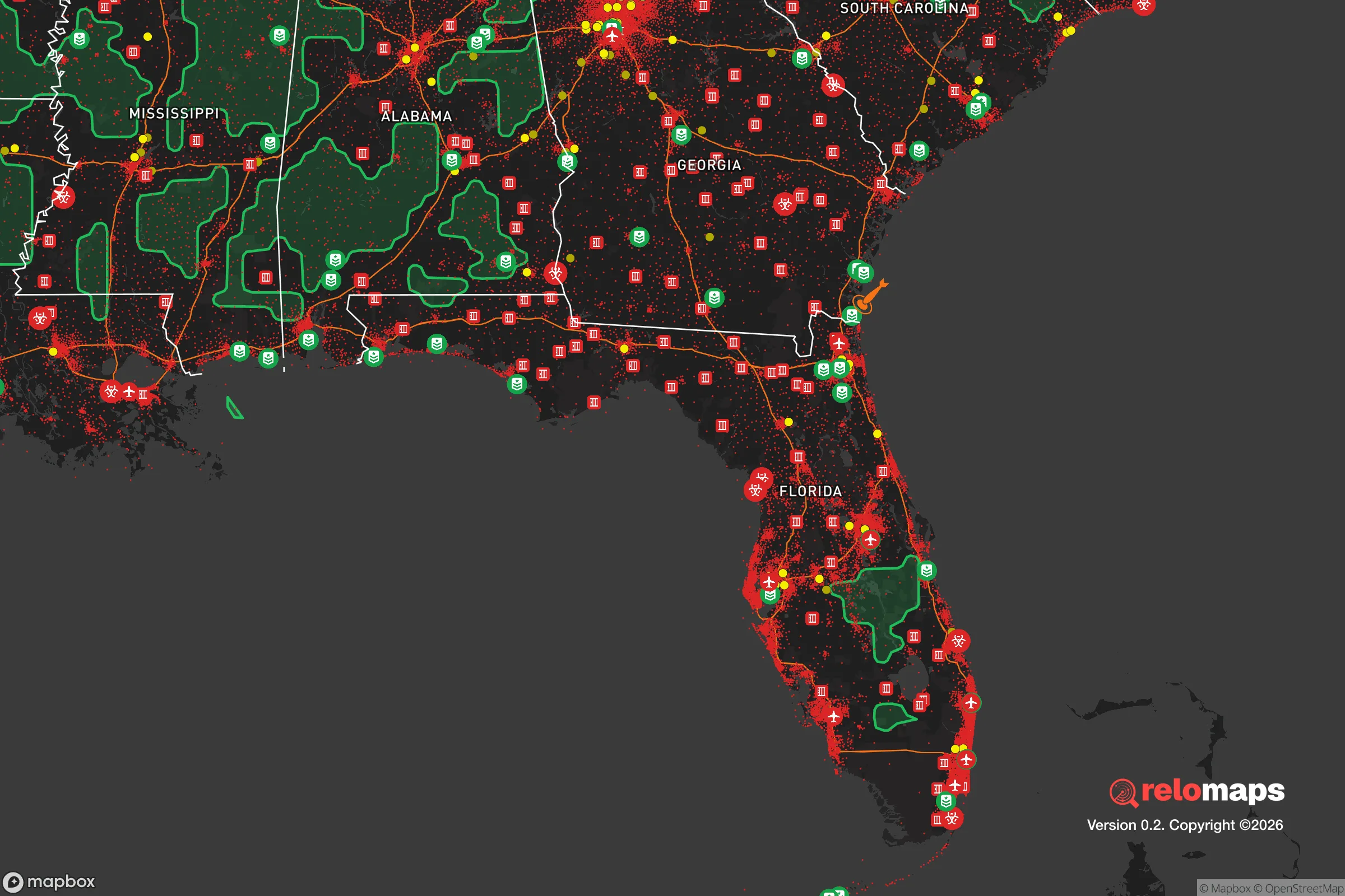 Safe Spaces map for the Florida showing strategic features around Florida — military bases, dangers, federal highways, population centers, and computed safe areas.