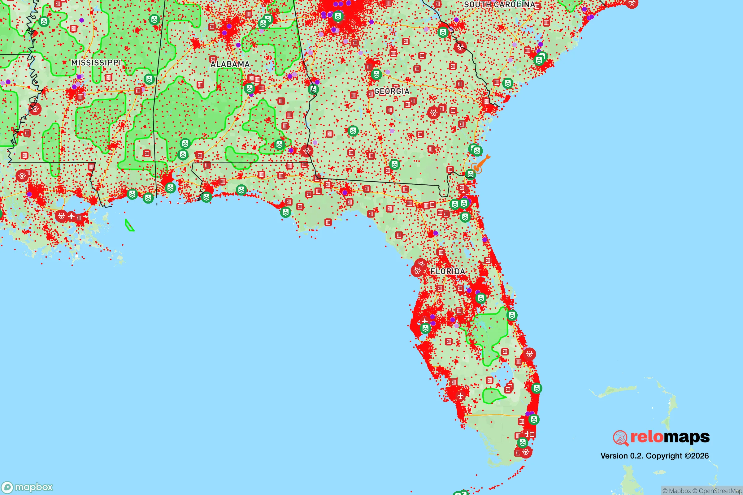 Safe Spaces map for the Florida showing strategic features around Florida — military bases, dangers, federal highways, population centers, and computed safe areas.
