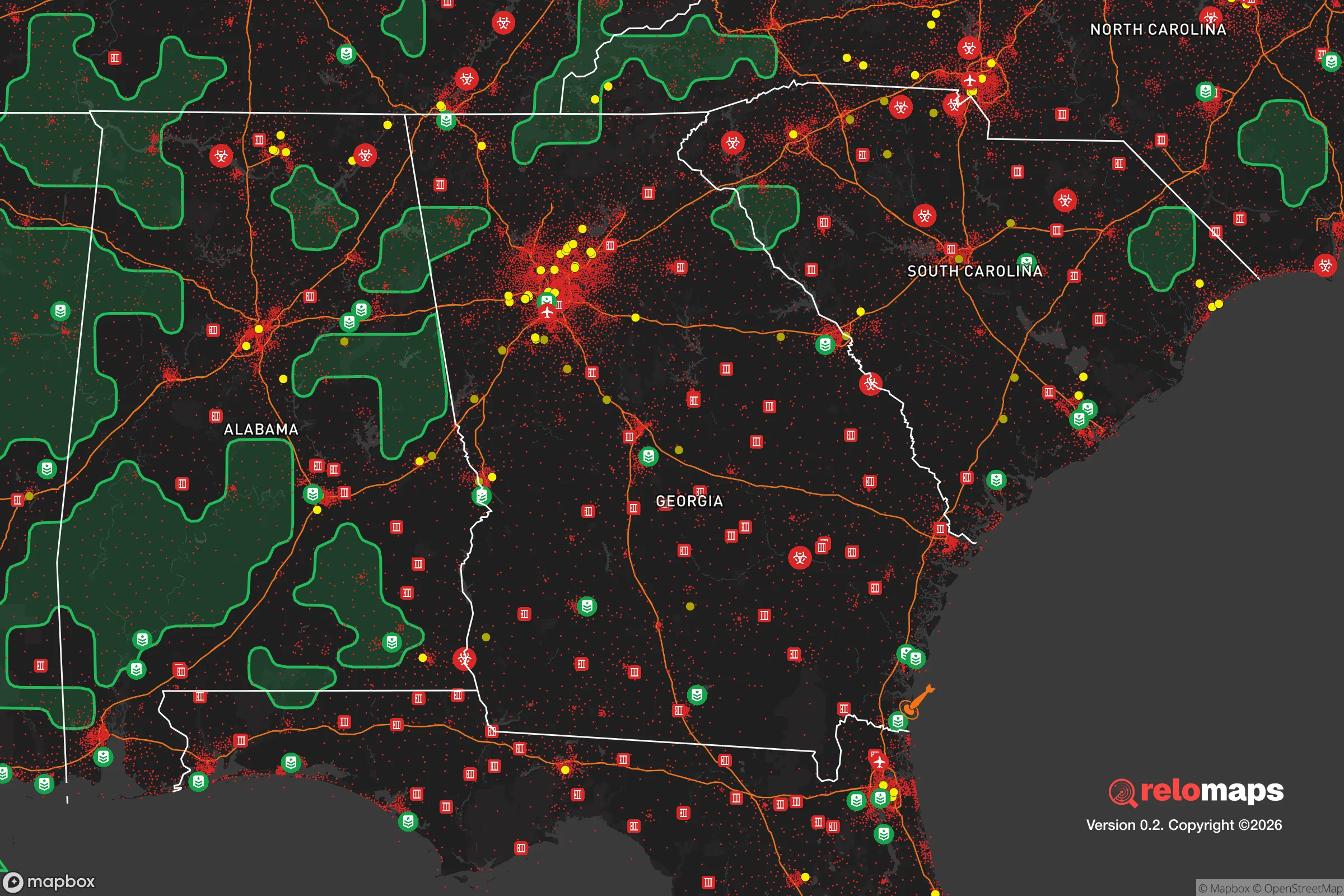 Safe Spaces map for the Georgia showing strategic features around Georgia — military bases, dangers, federal highways, population centers, and computed safe areas.