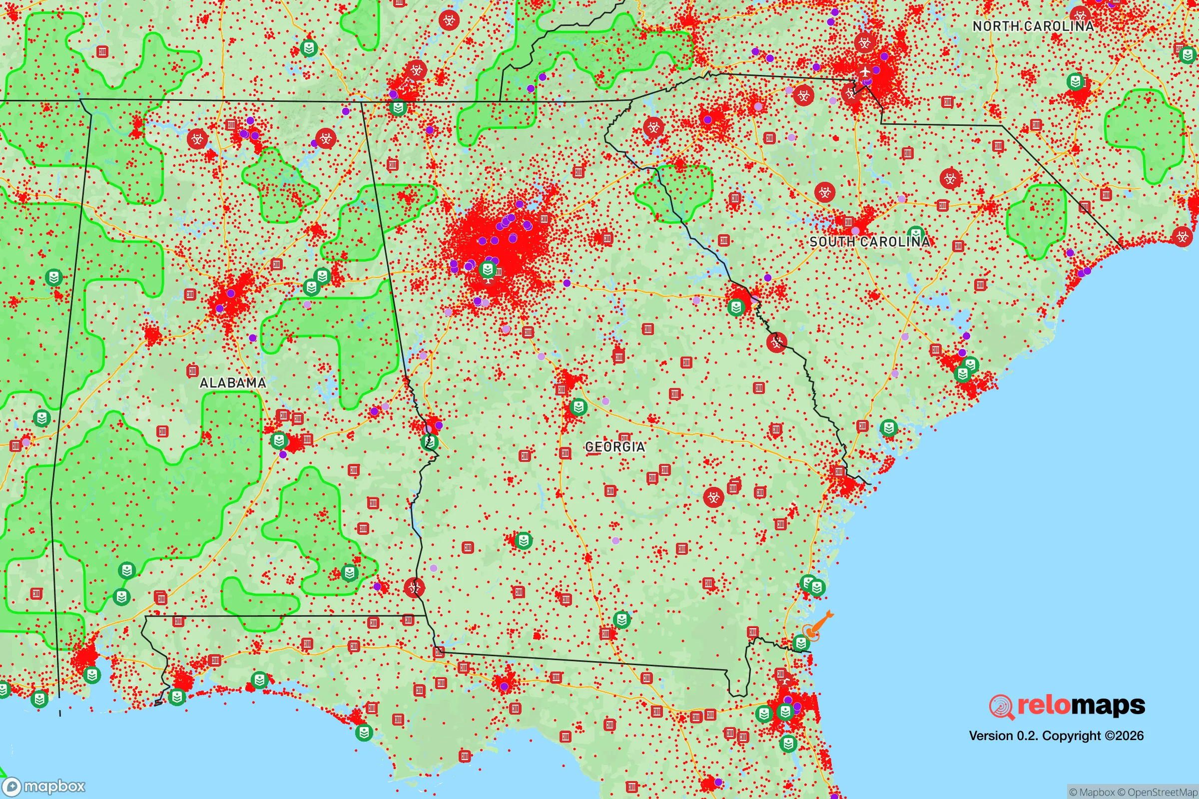 Safe Spaces map for the Georgia showing strategic features around Georgia — military bases, dangers, federal highways, population centers, and computed safe areas.
