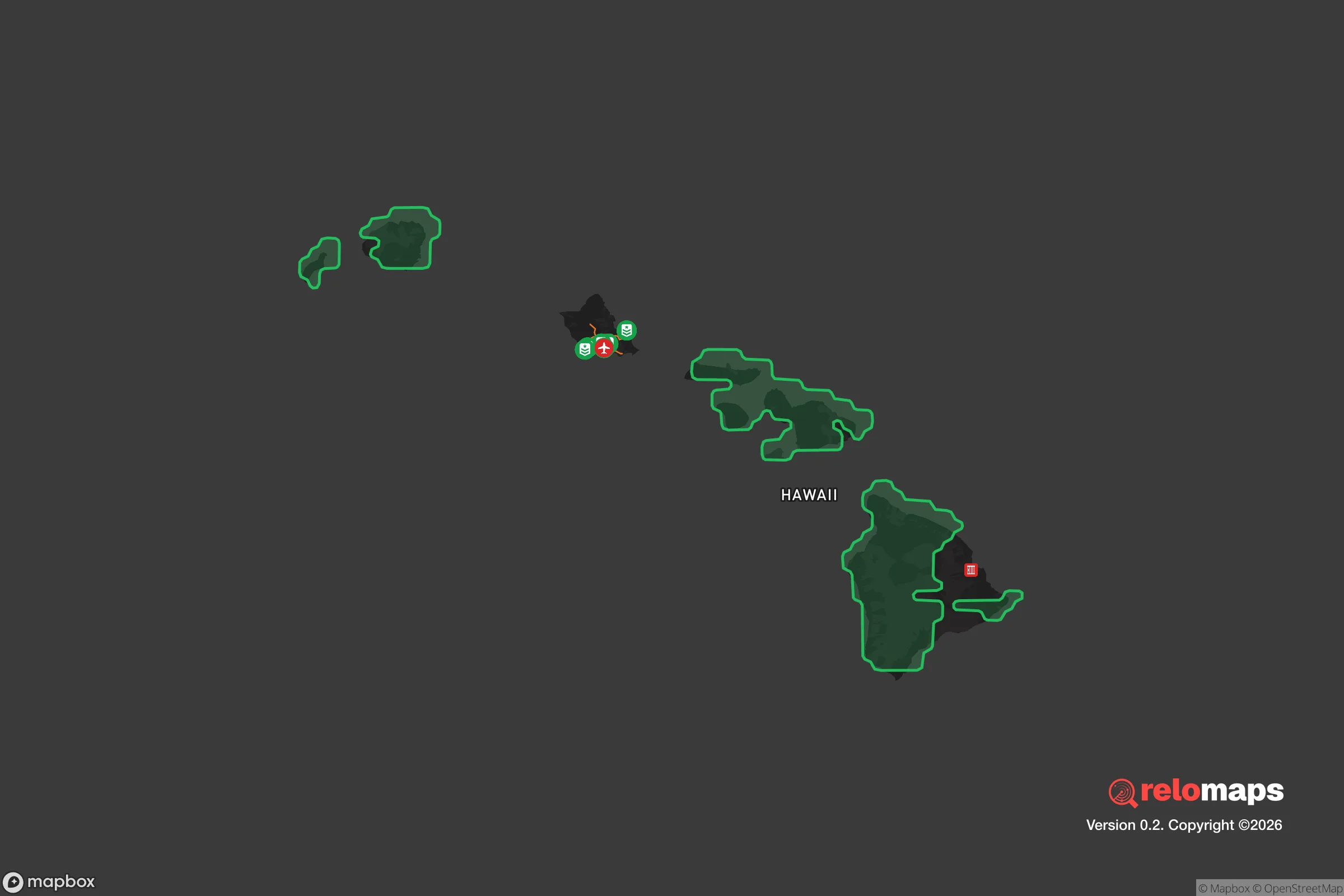 Safe Spaces map for the Hawaii showing strategic features around Hawaii — military bases, dangers, federal highways, population centers, and computed safe areas.