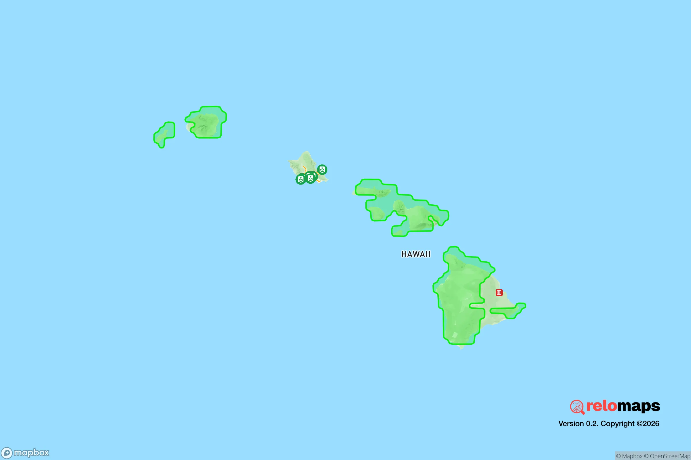 Safe Spaces map for the Hawaii showing strategic features around Hawaii — military bases, dangers, federal highways, population centers, and computed safe areas.
