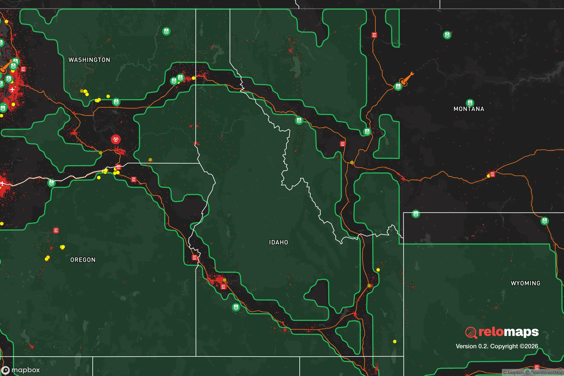 Safe Spaces map for the Idaho showing strategic features around Idaho — military bases, dangers, federal highways, population centers, and computed safe areas.