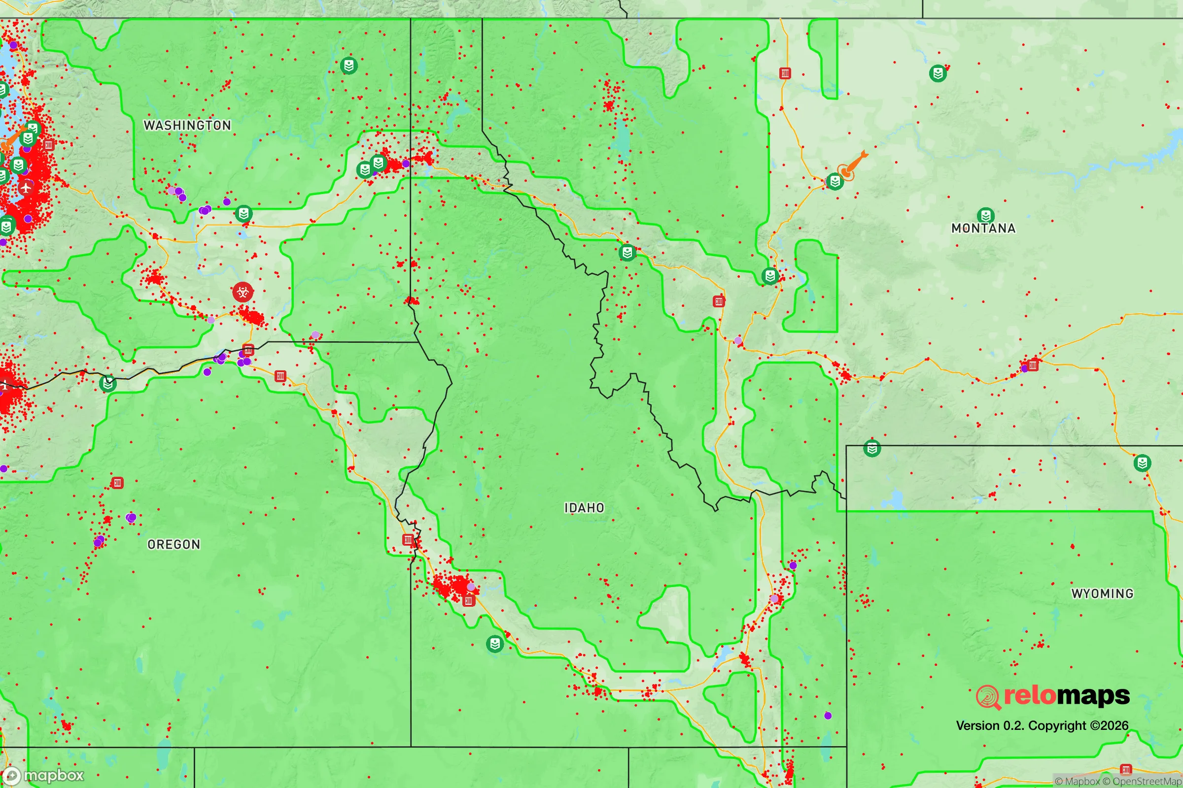 Safe Spaces map for the Idaho showing strategic features around Idaho — military bases, dangers, federal highways, population centers, and computed safe areas.