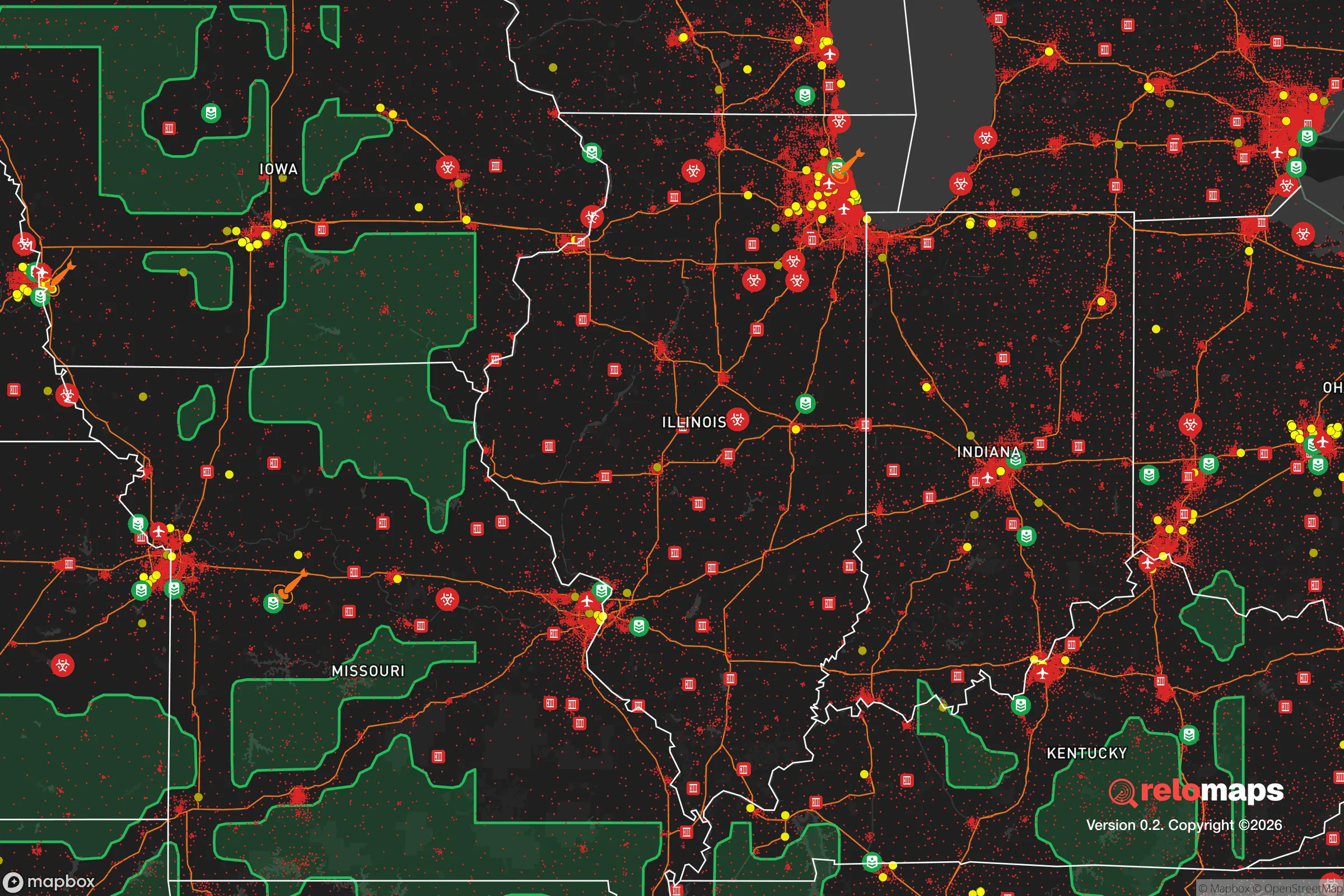 Safe Spaces map for the Illinois showing strategic features around Illinois — military bases, dangers, federal highways, population centers, and computed safe areas.