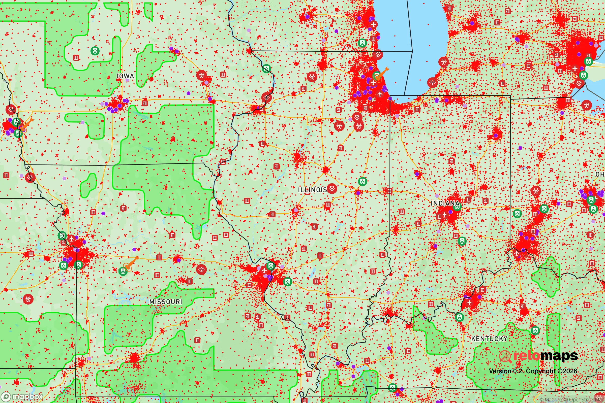 Safe Spaces map for the Illinois showing strategic features around Illinois — military bases, dangers, federal highways, population centers, and computed safe areas.