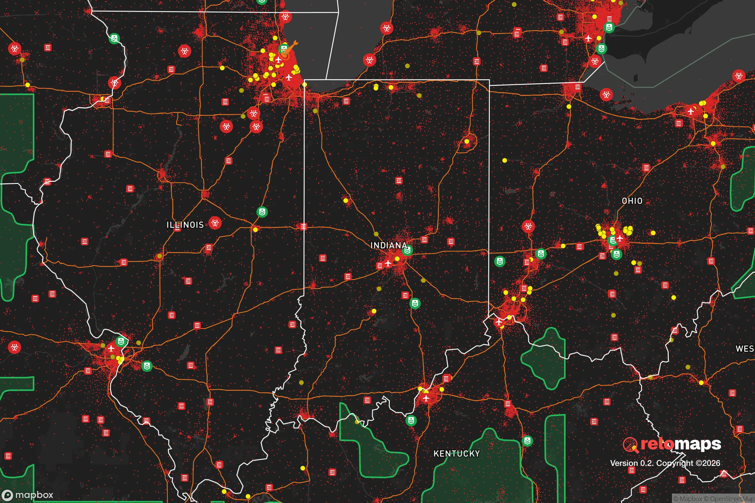 Safe Spaces map for the Indiana showing strategic features around Indiana — military bases, dangers, federal highways, population centers, and computed safe areas.