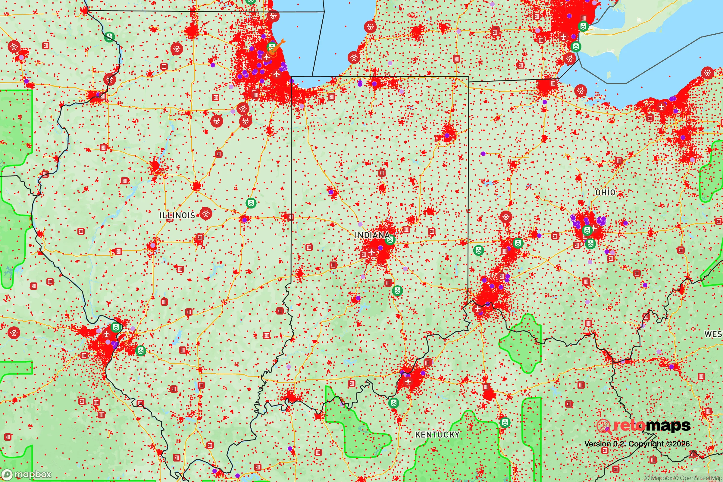 Safe Spaces map for the Indiana showing strategic features around Indiana — military bases, dangers, federal highways, population centers, and computed safe areas.