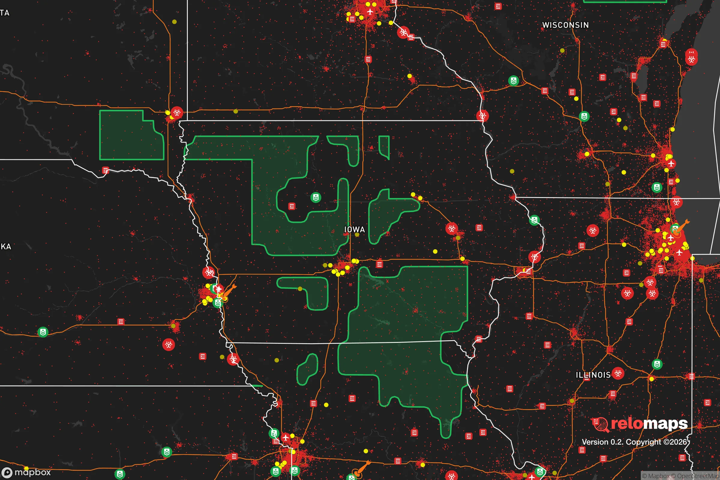 Safe Spaces map for the Iowa showing strategic features around Iowa — military bases, dangers, federal highways, population centers, and computed safe areas.