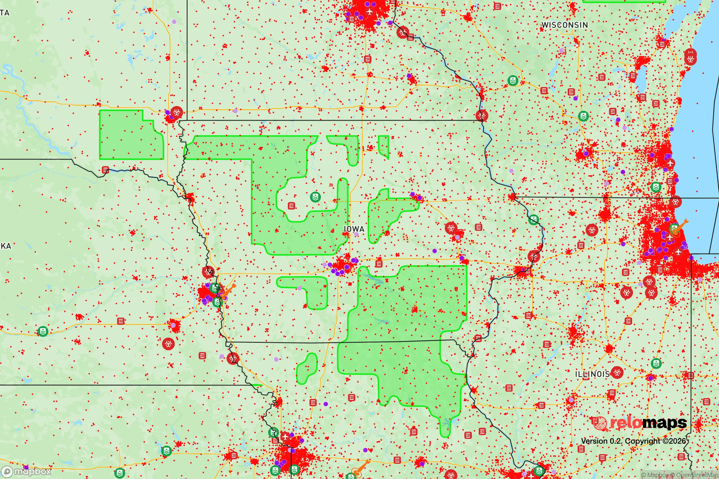 Safe Spaces map for the Iowa showing strategic features around Iowa — military bases, dangers, federal highways, population centers, and computed safe areas.