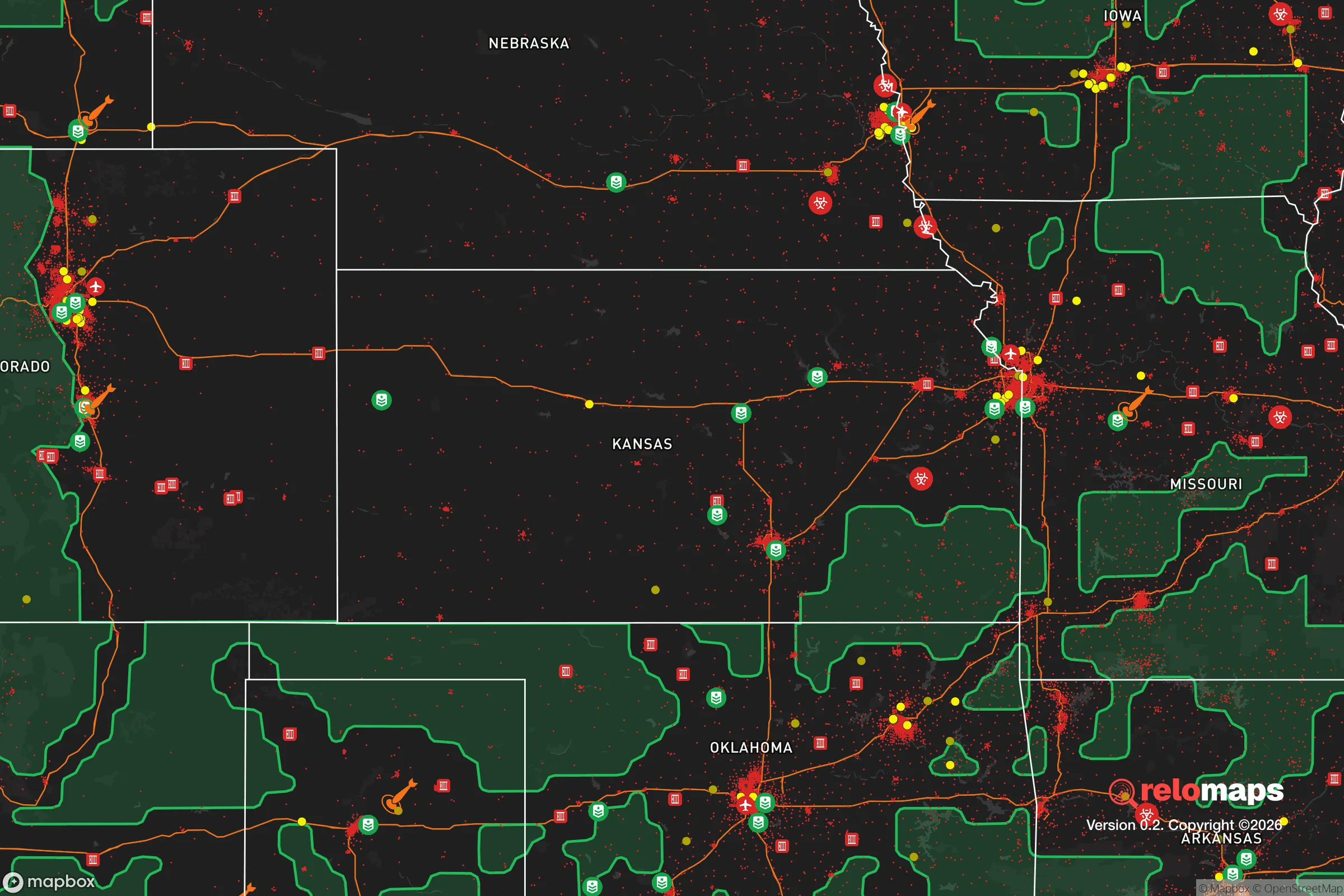 Safe Spaces map for the Kansas showing strategic features around Kansas — military bases, dangers, federal highways, population centers, and computed safe areas.