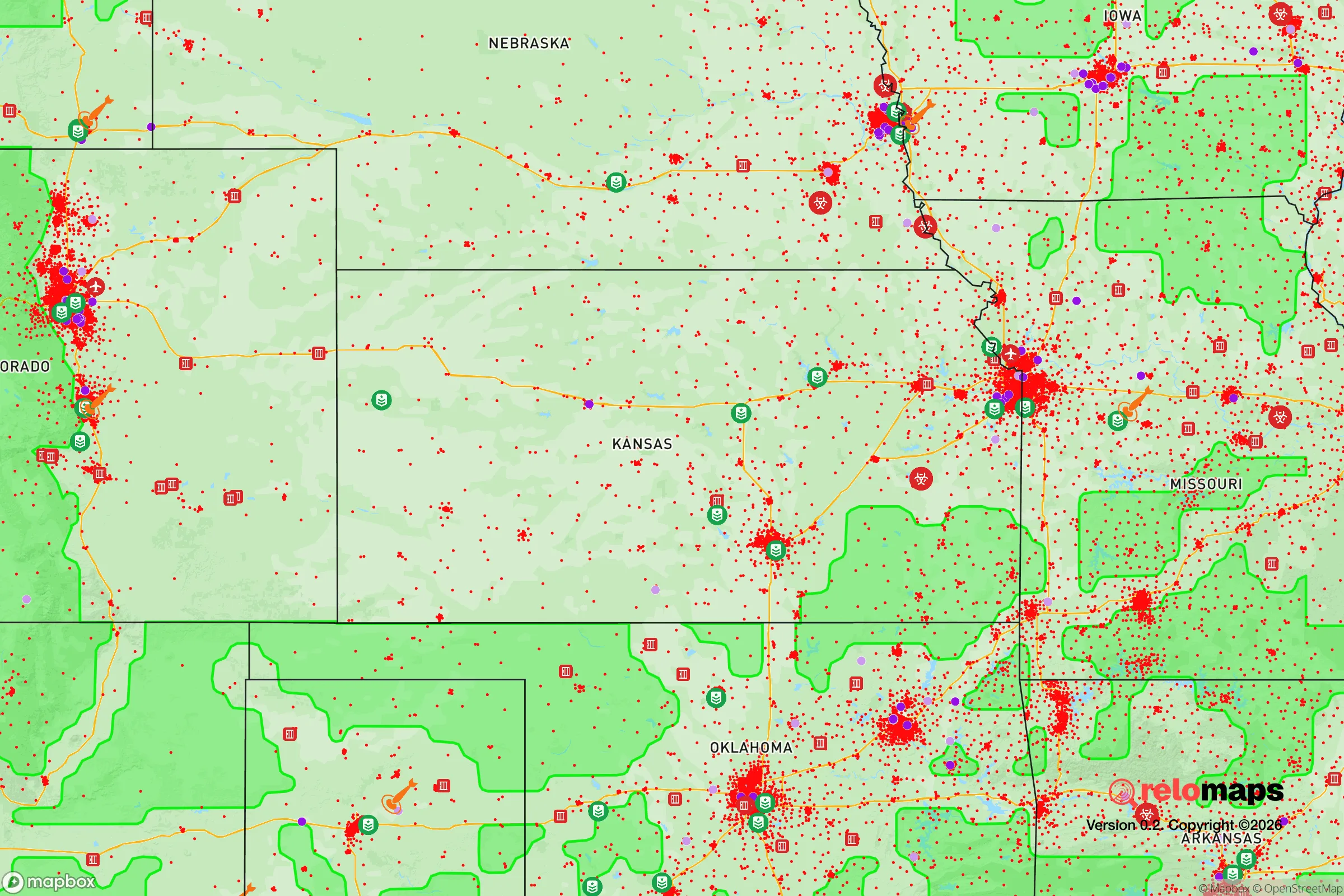 Safe Spaces map for the Kansas showing strategic features around Kansas — military bases, dangers, federal highways, population centers, and computed safe areas.