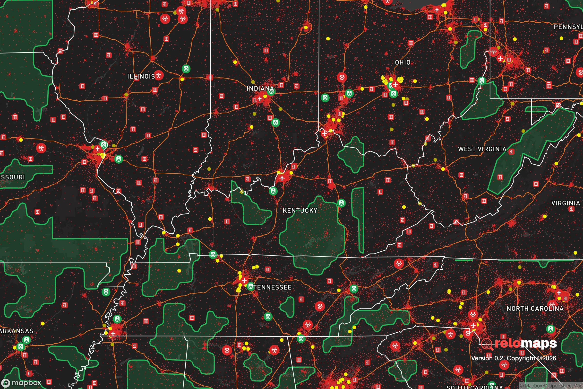 Safe Spaces map for the Kentucky showing strategic features around Kentucky — military bases, dangers, federal highways, population centers, and computed safe areas.