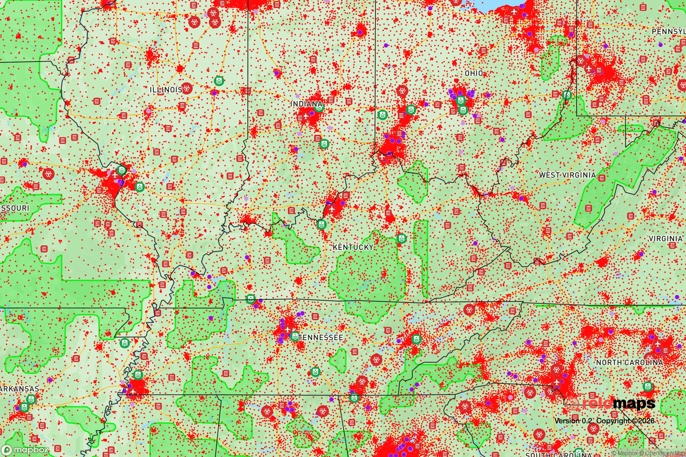 Safe Spaces map for the Kentucky showing strategic features around Kentucky — military bases, dangers, federal highways, population centers, and computed safe areas.