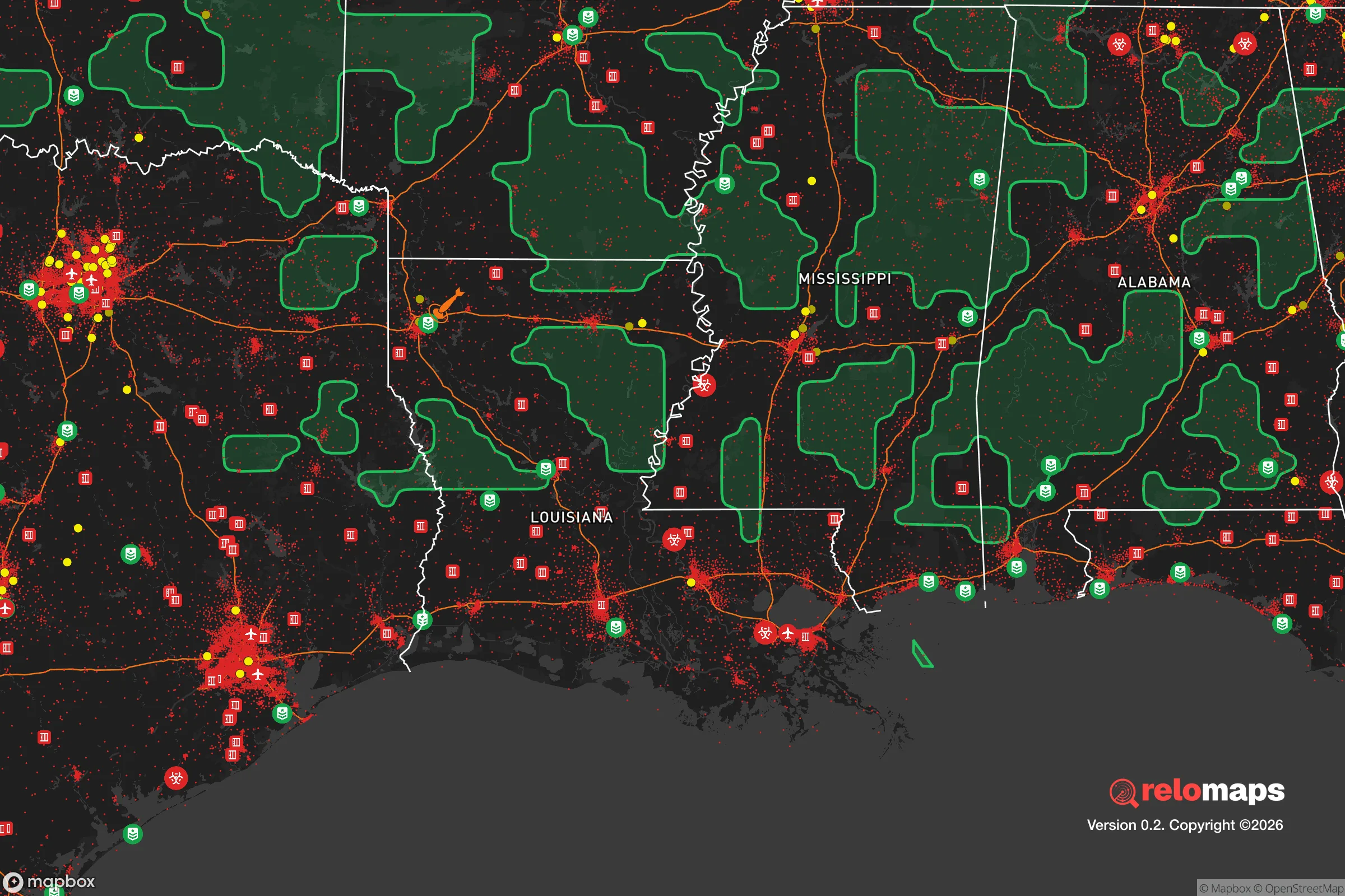 Safe Spaces map for the Louisiana showing strategic features around Louisiana — military bases, dangers, federal highways, population centers, and computed safe areas.