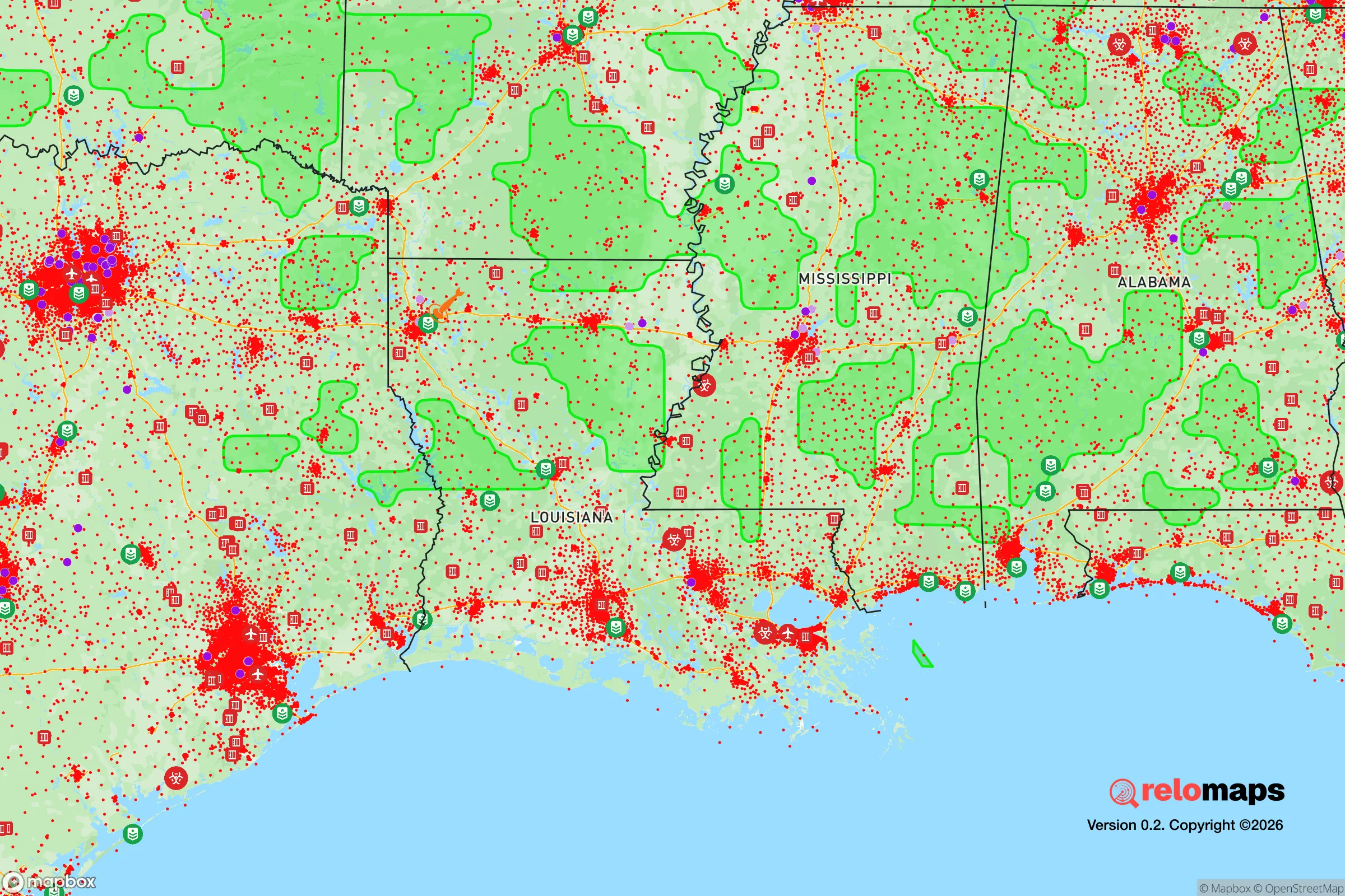 Safe Spaces map for the Louisiana showing strategic features around Louisiana — military bases, dangers, federal highways, population centers, and computed safe areas.