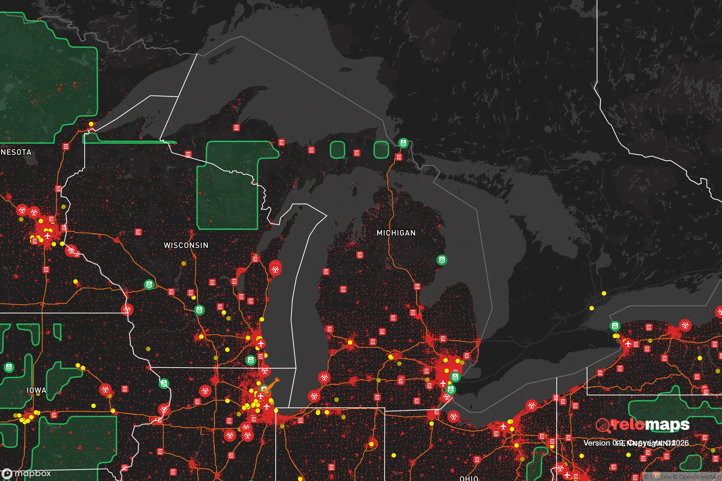 Safe Spaces map for the Michigan showing strategic features around Michigan — military bases, dangers, federal highways, population centers, and computed safe areas.