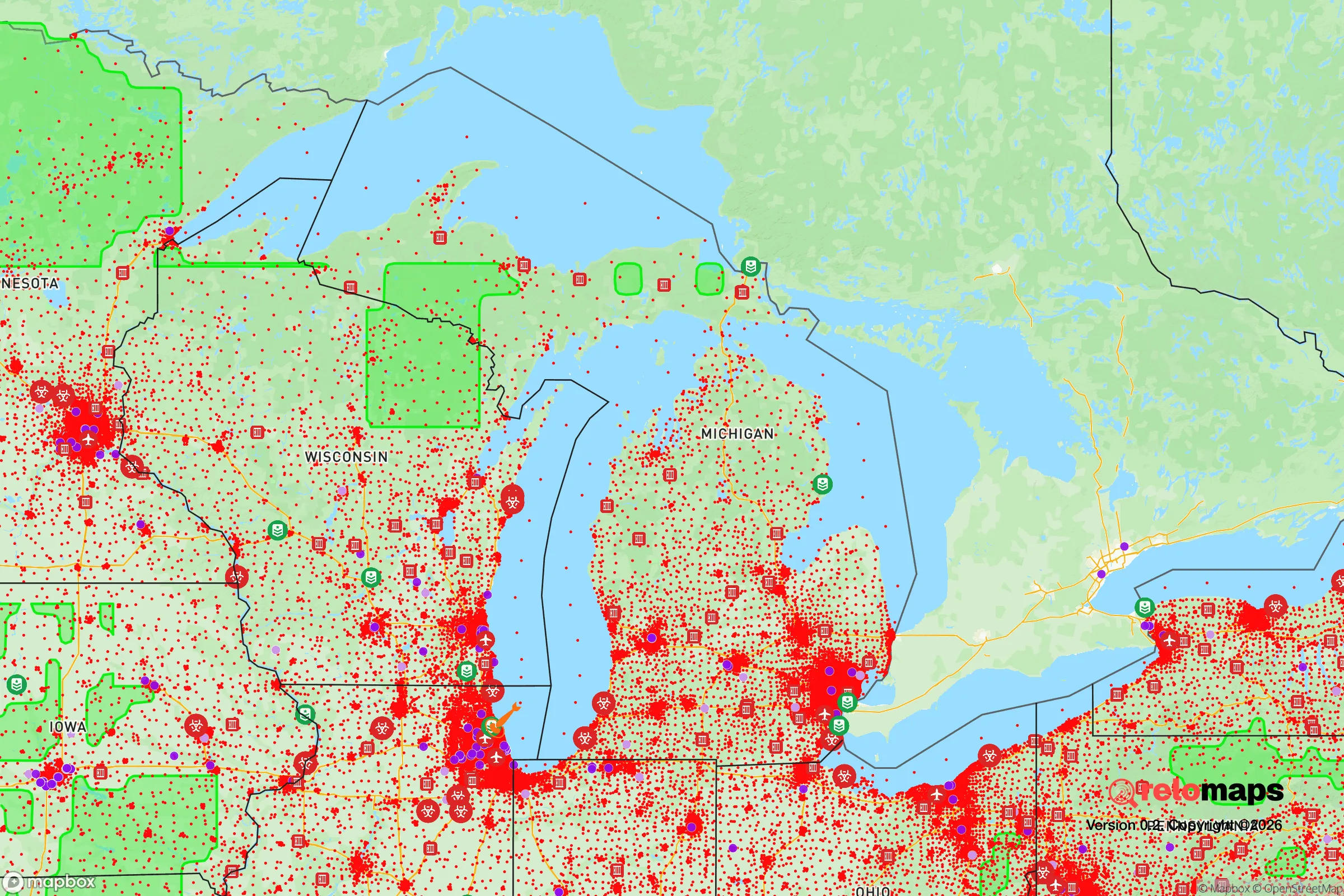 Safe Spaces map for the Michigan showing strategic features around Michigan — military bases, dangers, federal highways, population centers, and computed safe areas.