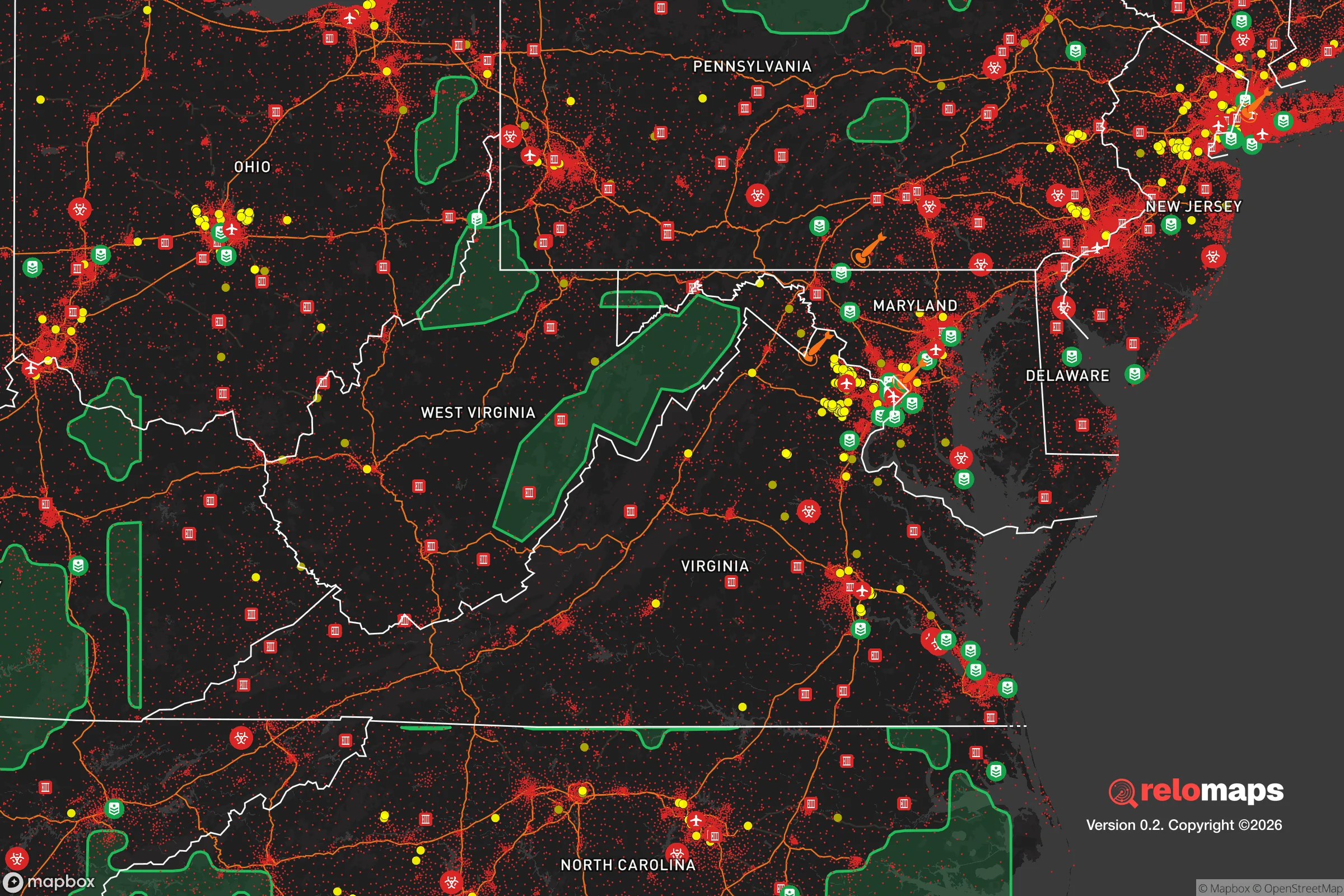 Safe Spaces map for the Mid-Atlantic showing strategic features around Delaware — military bases, dangers, federal highways, population centers, and computed safe areas.