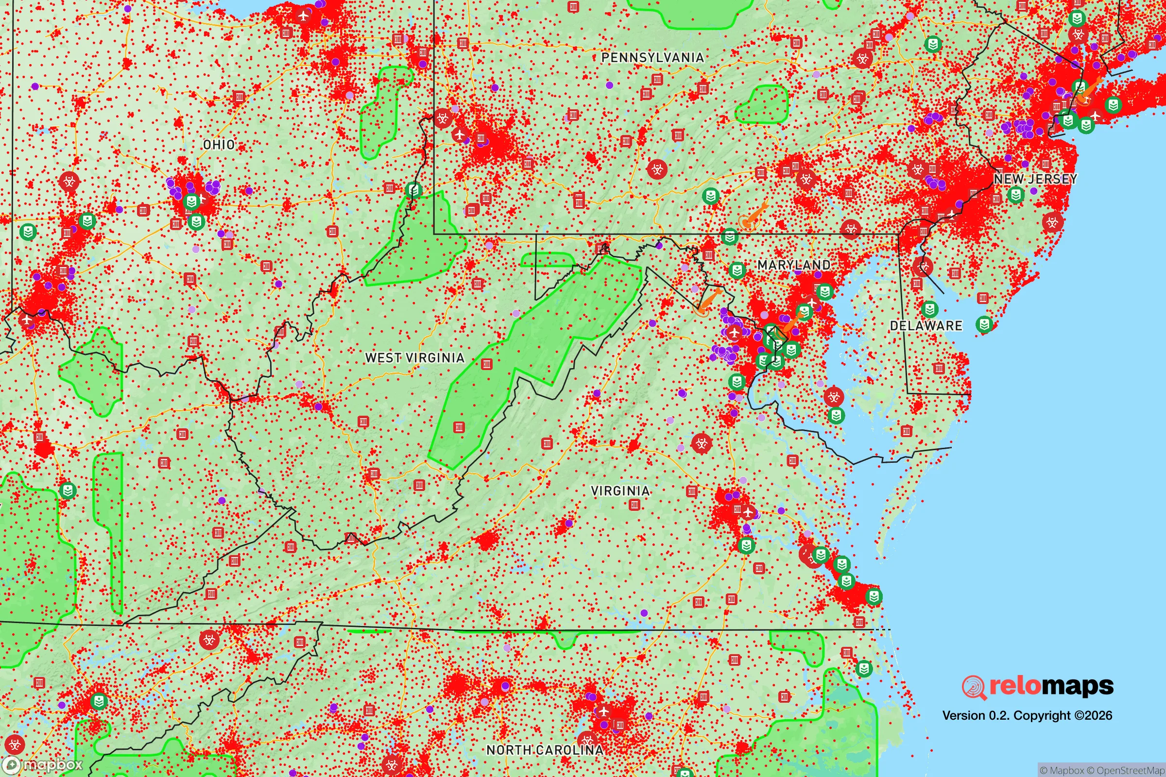 Safe Spaces map for the Mid-Atlantic showing strategic features around Delaware — military bases, dangers, federal highways, population centers, and computed safe areas.