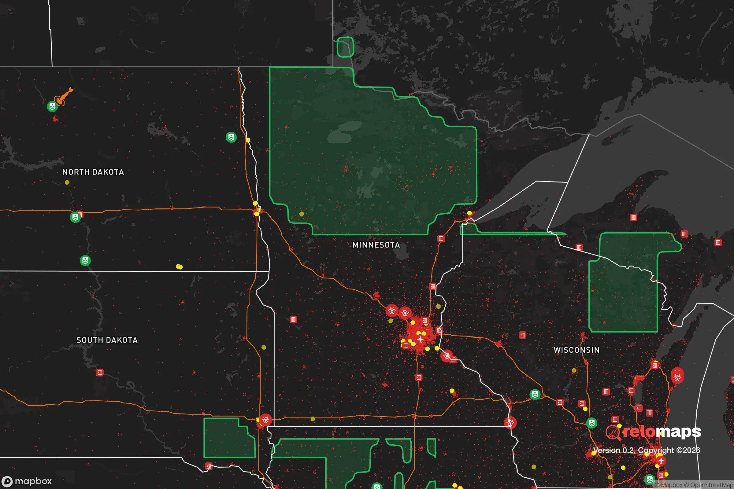 Safe Spaces map for the Minnesota showing strategic features around Minnesota — military bases, dangers, federal highways, population centers, and computed safe areas.