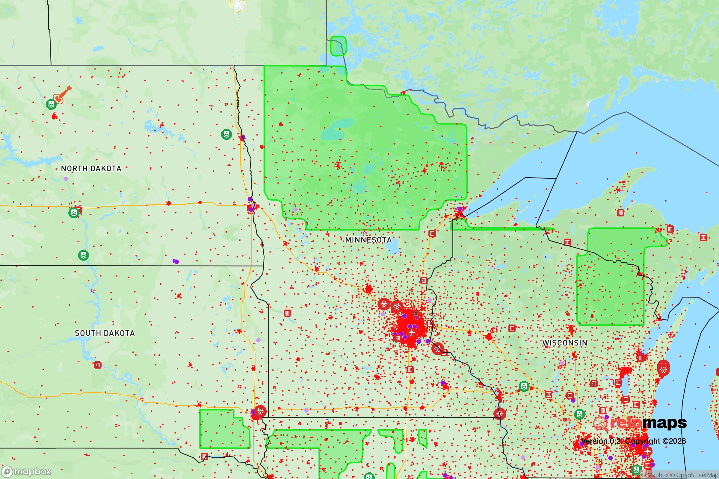 Safe Spaces map for the Minnesota showing strategic features around Minnesota — military bases, dangers, federal highways, population centers, and computed safe areas.