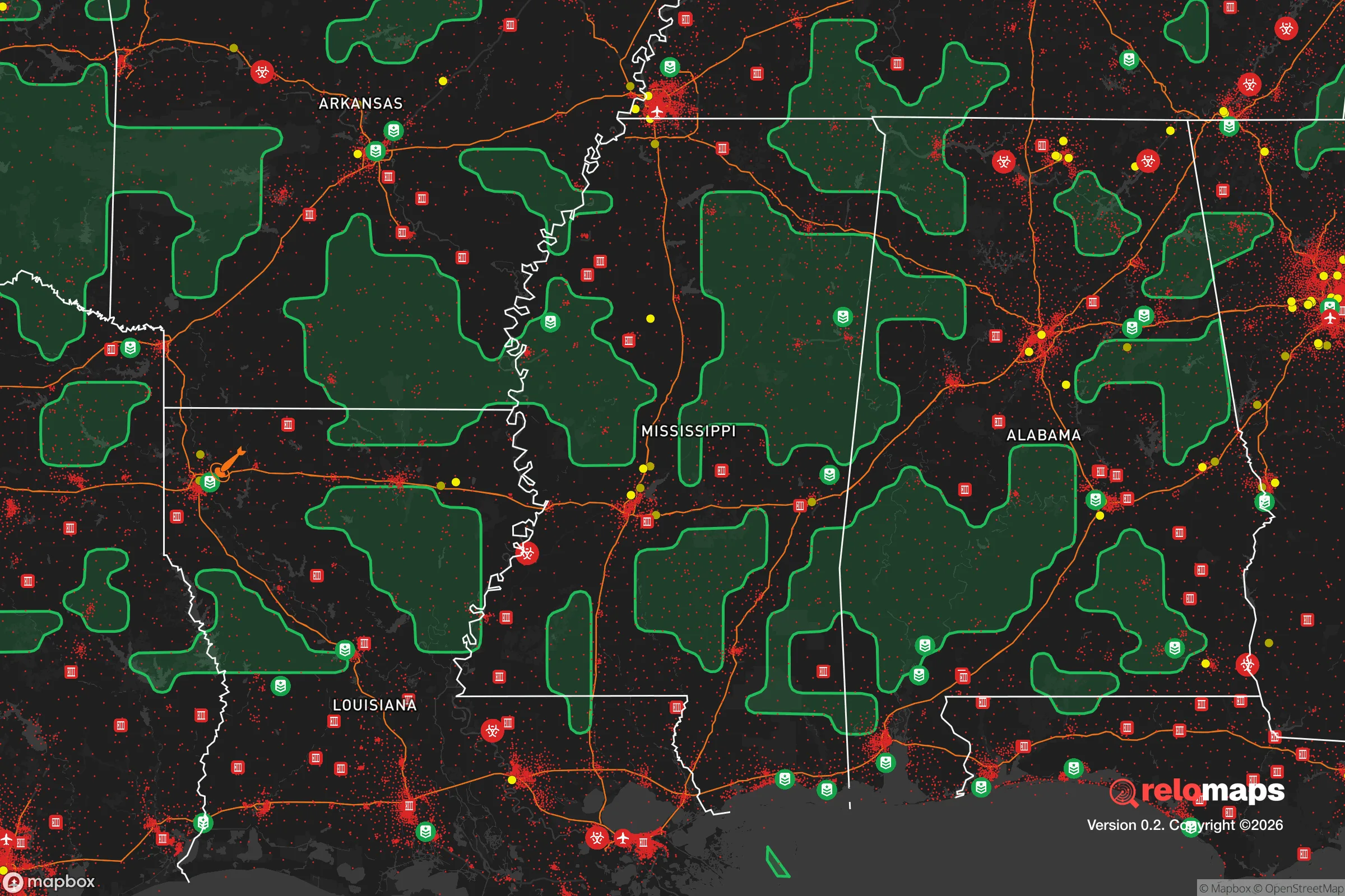 Safe Spaces map for the Mississippi showing strategic features around Mississippi — military bases, dangers, federal highways, population centers, and computed safe areas.
