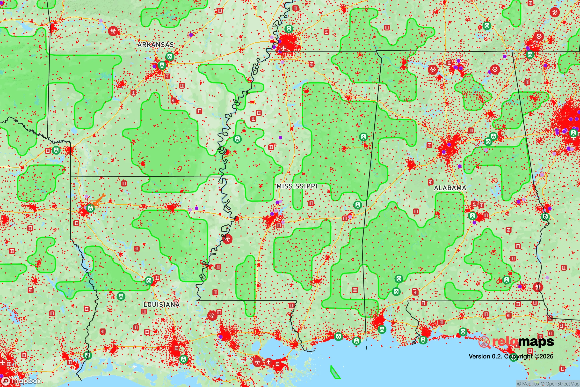 Safe Spaces map for the Mississippi showing strategic features around Mississippi — military bases, dangers, federal highways, population centers, and computed safe areas.