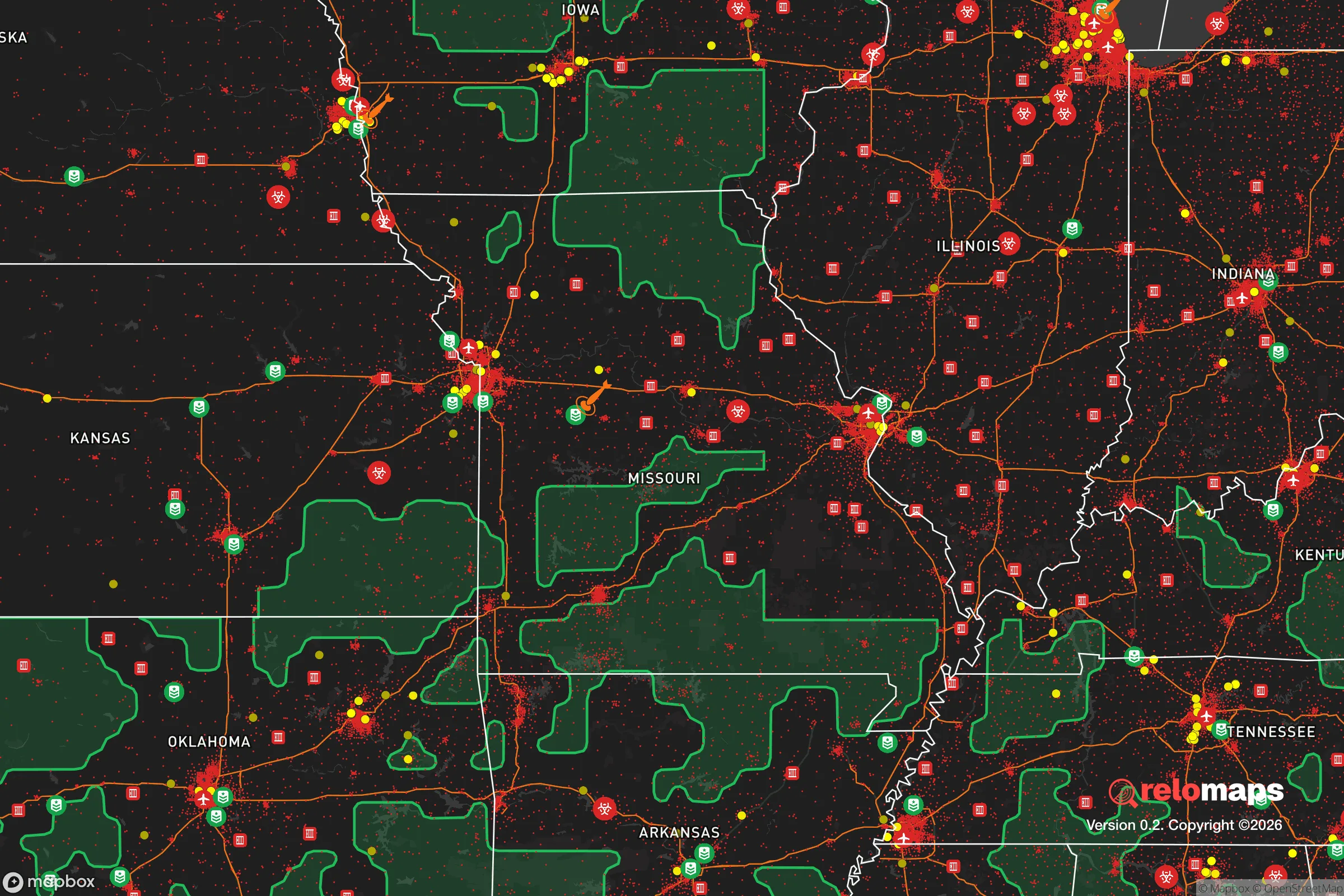 Safe Spaces map for the Missouri showing strategic features around Missouri — military bases, dangers, federal highways, population centers, and computed safe areas.