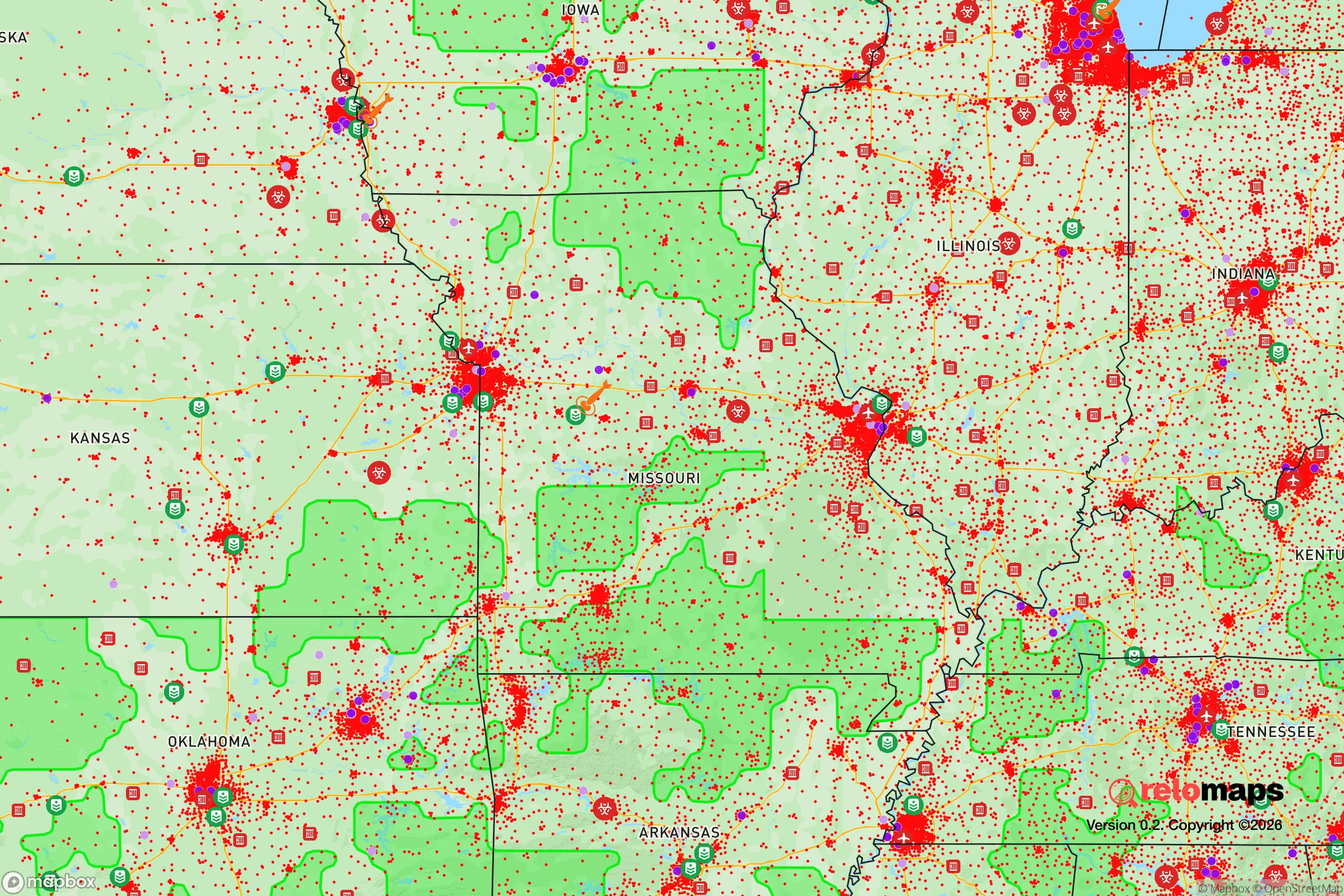 Safe Spaces map for the Missouri showing strategic features around Missouri — military bases, dangers, federal highways, population centers, and computed safe areas.