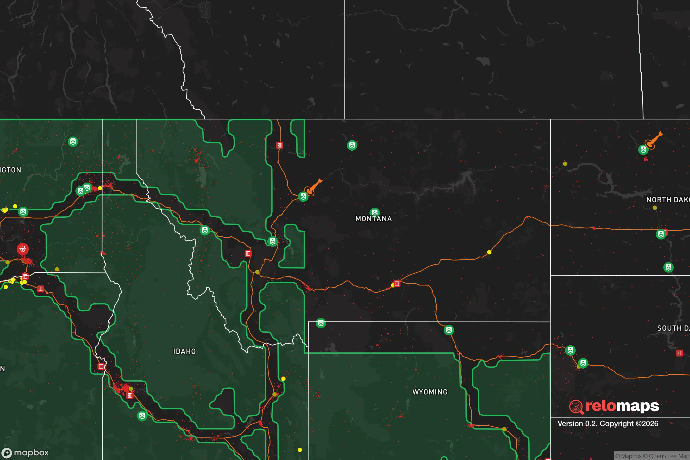 Safe Spaces map for the Montana showing strategic features around Montana — military bases, dangers, federal highways, population centers, and computed safe areas.