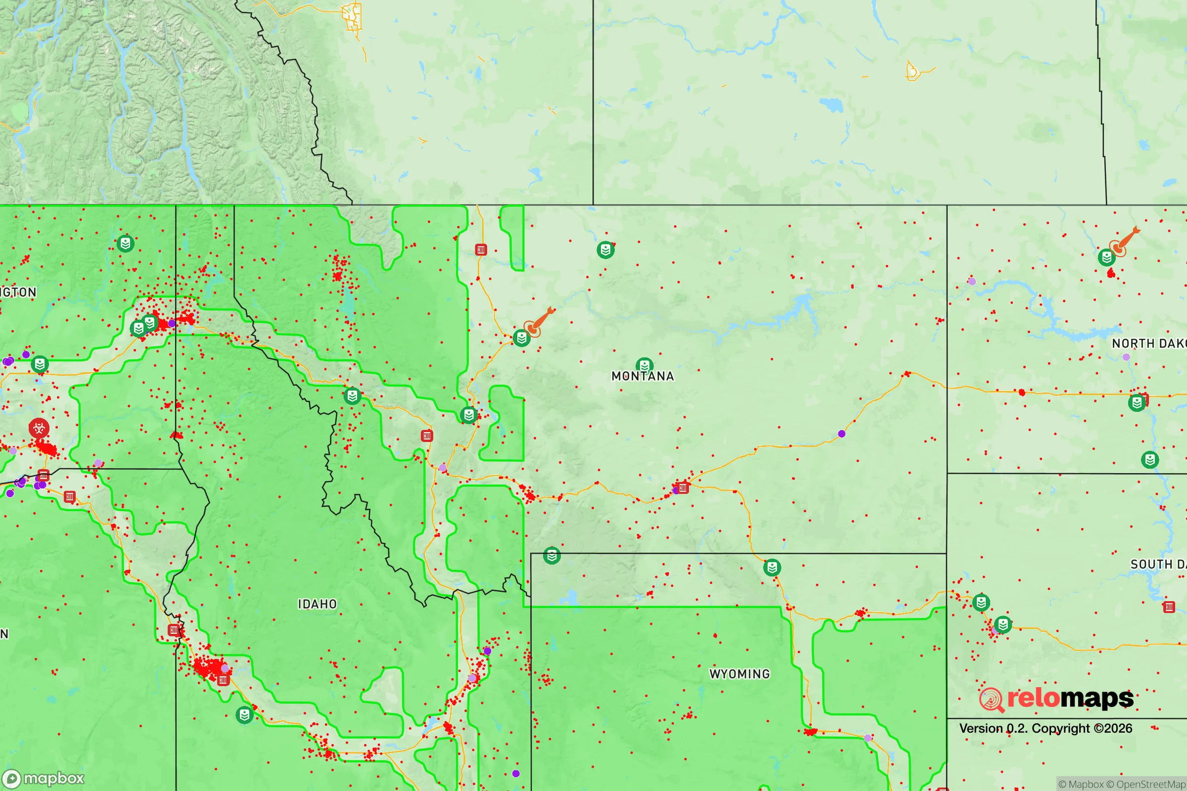 Safe Spaces map for the Montana showing strategic features around Montana — military bases, dangers, federal highways, population centers, and computed safe areas.