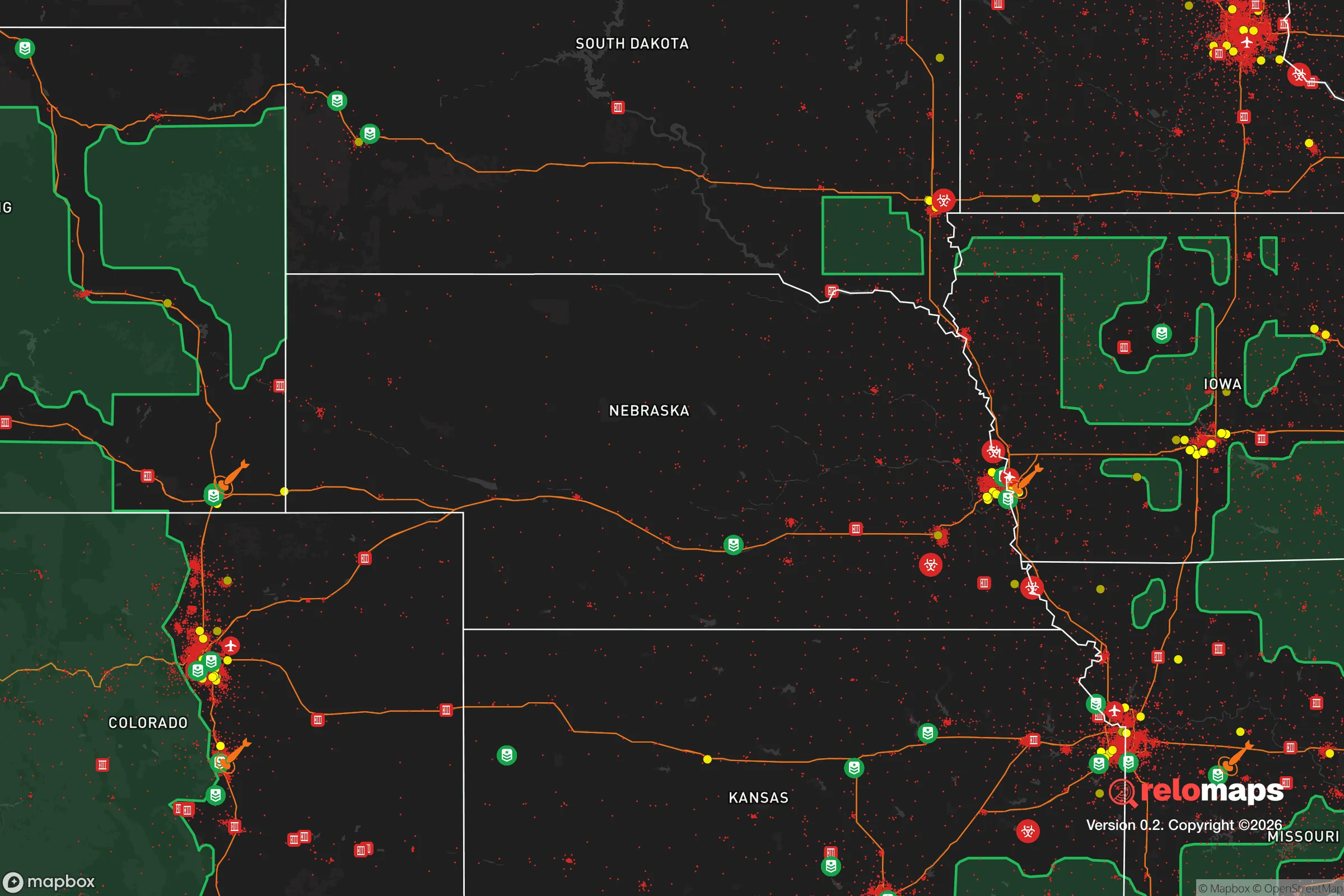 Safe Spaces map for the Nebraska showing strategic features around Nebraska — military bases, dangers, federal highways, population centers, and computed safe areas.