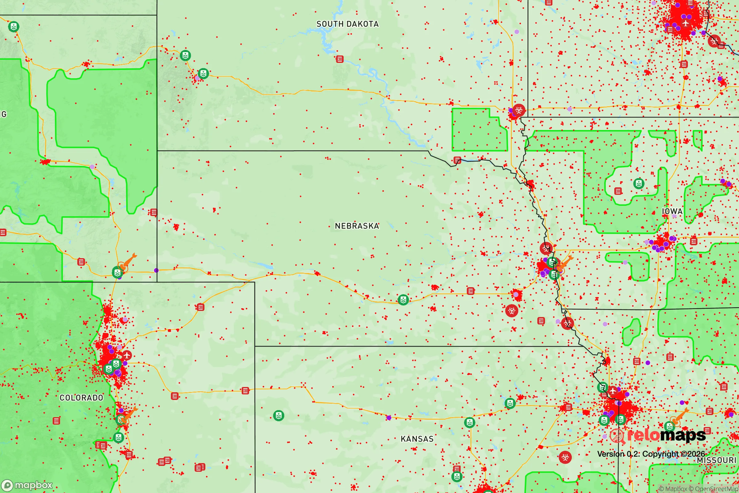 Safe Spaces map for the Nebraska showing strategic features around Nebraska — military bases, dangers, federal highways, population centers, and computed safe areas.