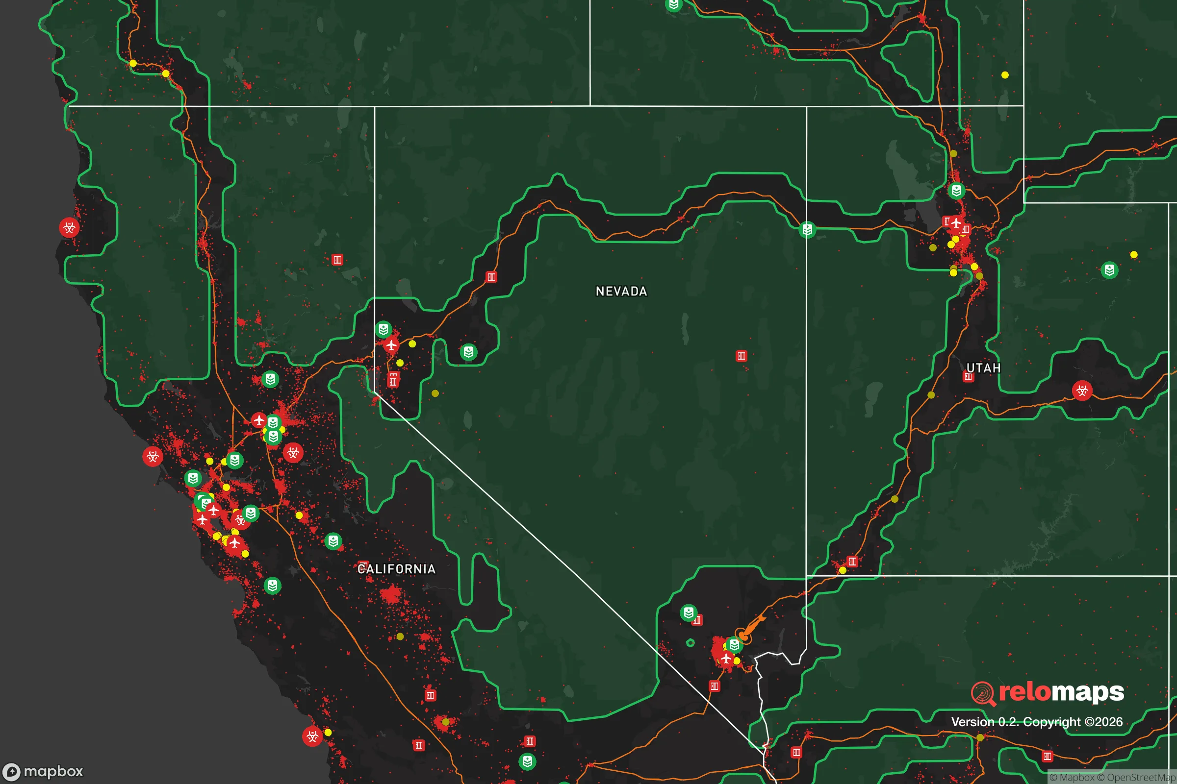 Safe Spaces map for the Nevada showing strategic features around Nevada — military bases, dangers, federal highways, population centers, and computed safe areas.