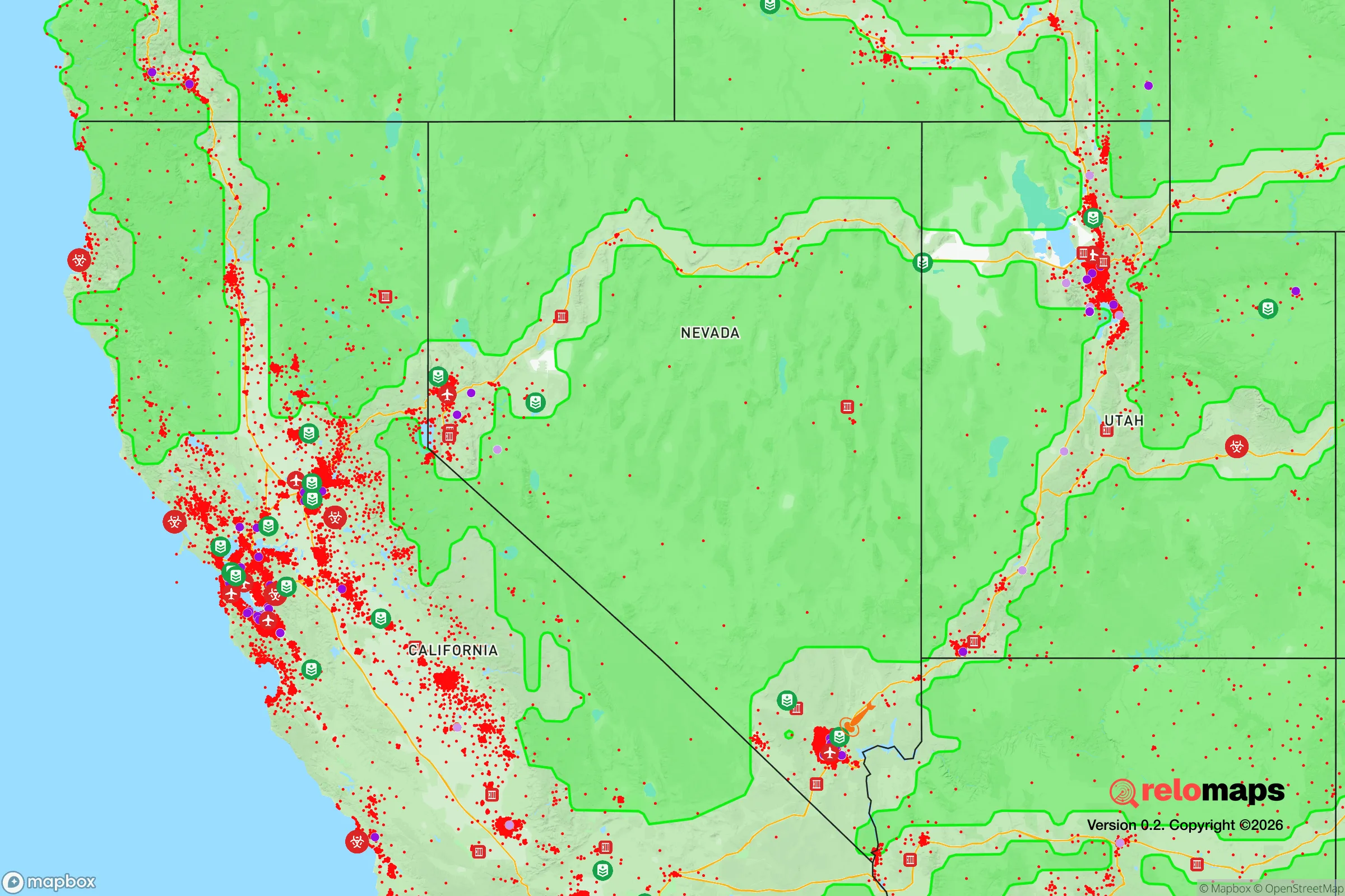 Safe Spaces map for the Nevada showing strategic features around Nevada — military bases, dangers, federal highways, population centers, and computed safe areas.